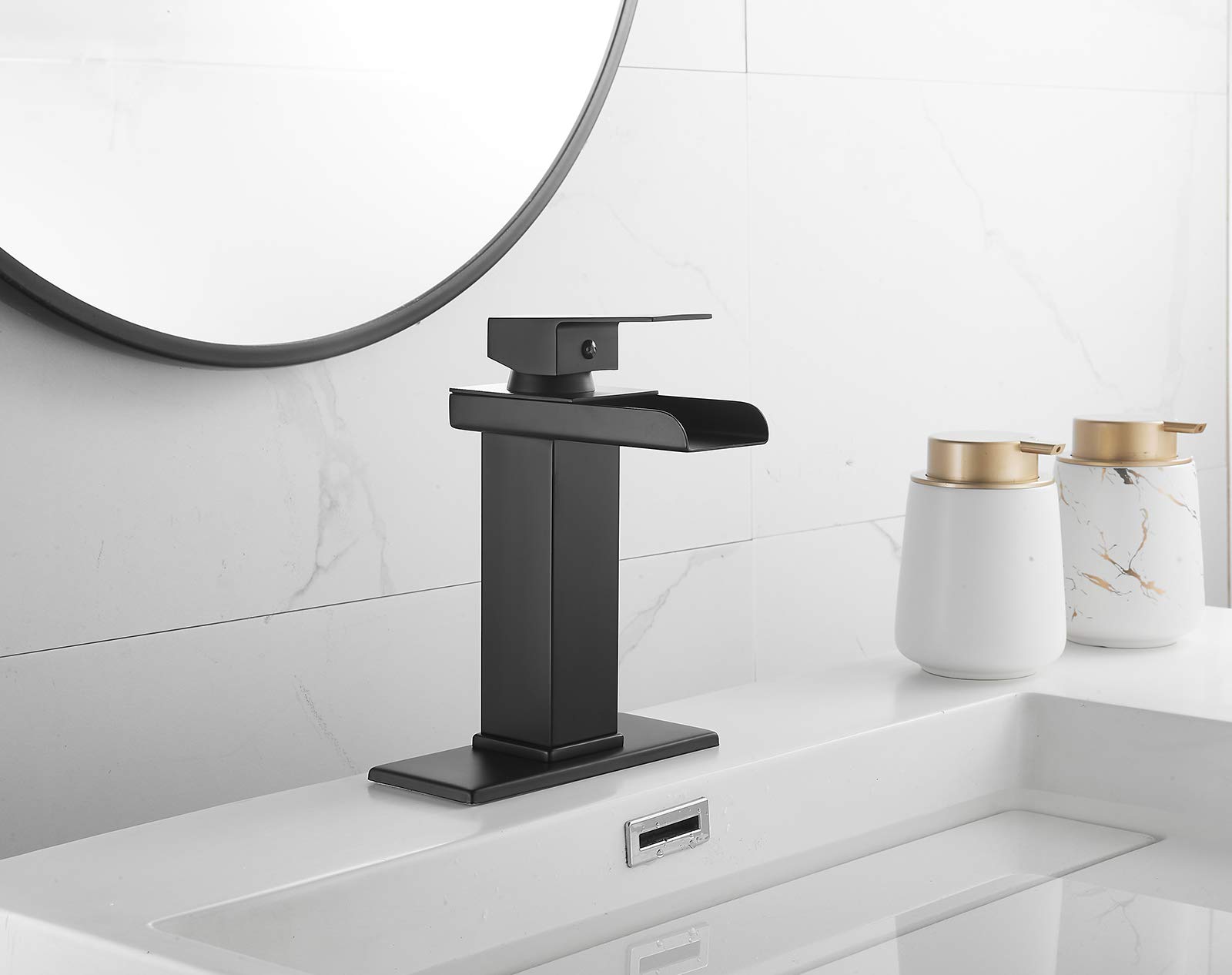 Black Single Handle Waterfall Bathroom Faucet - 1 Hole Deck Mount Sink Faucet with Cover Plate - Modern Commercial Vanity Lavatory Faucet for Home, Hotel & Restaurant Bathrooms