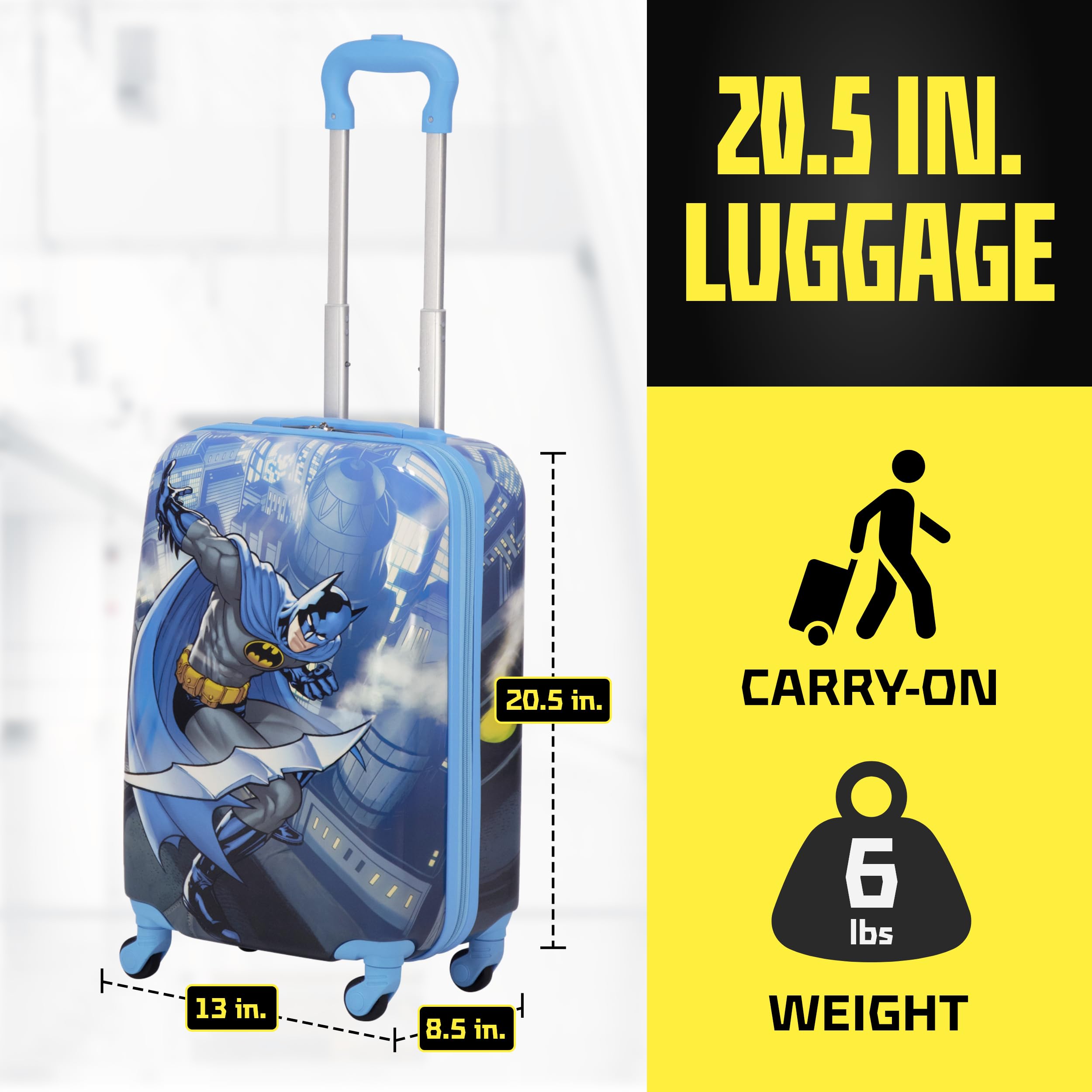 DC Comics Batman 21 Inch Hardshell Rolling Carry-On Luggage for Kids - Unisex Blue Spinner Suitcase with Wheels | Perfect for Air Travel, School Trips & Family Vacations
