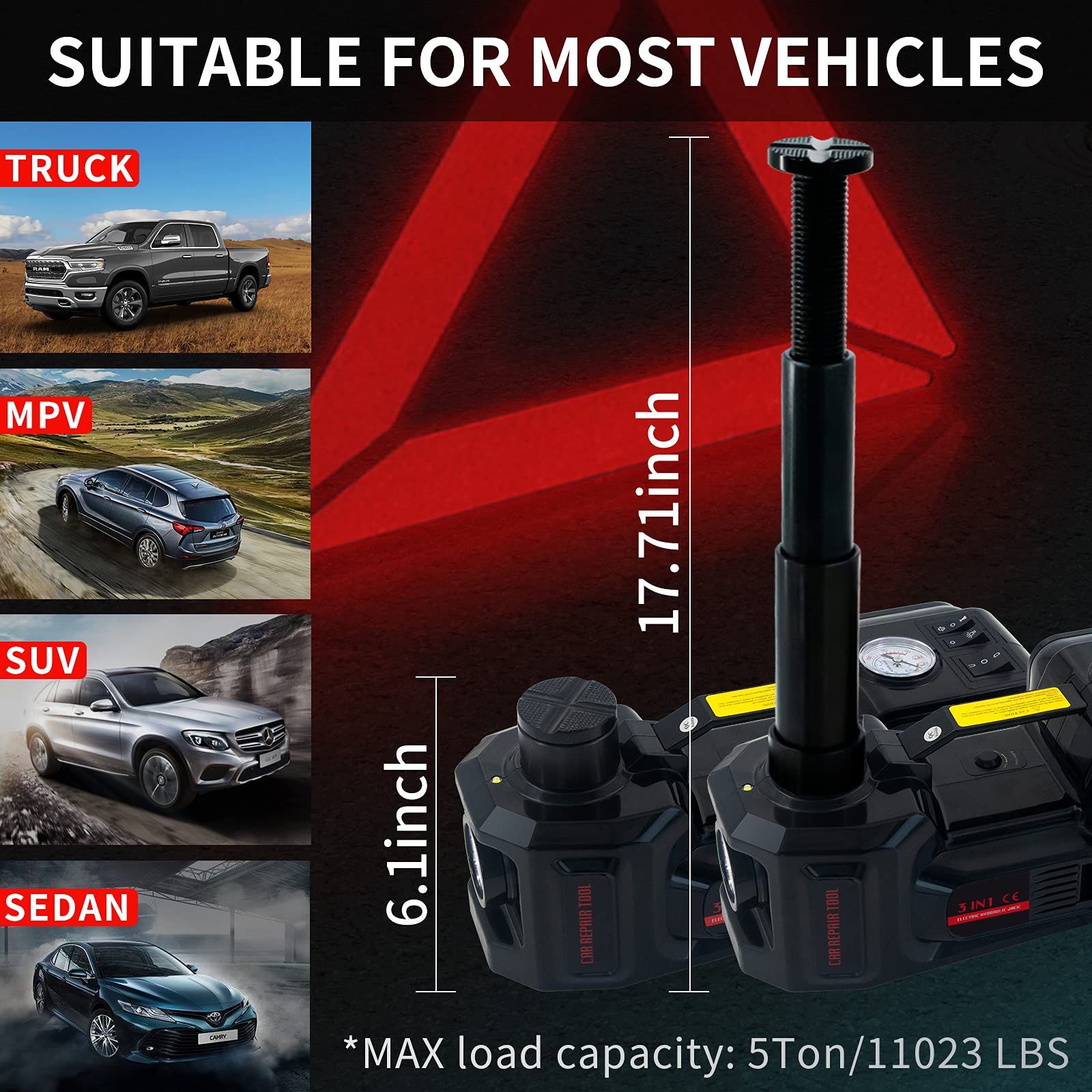 5 Ton 12V Electric Hydraulic Car Jack with Air Inflator - Portable Lifting Tool for SUV, Sedan, MPV (6.1-17.7 Inch Range) - Emergency Tire Changing & Roadside Repair Kit for Travel Safety