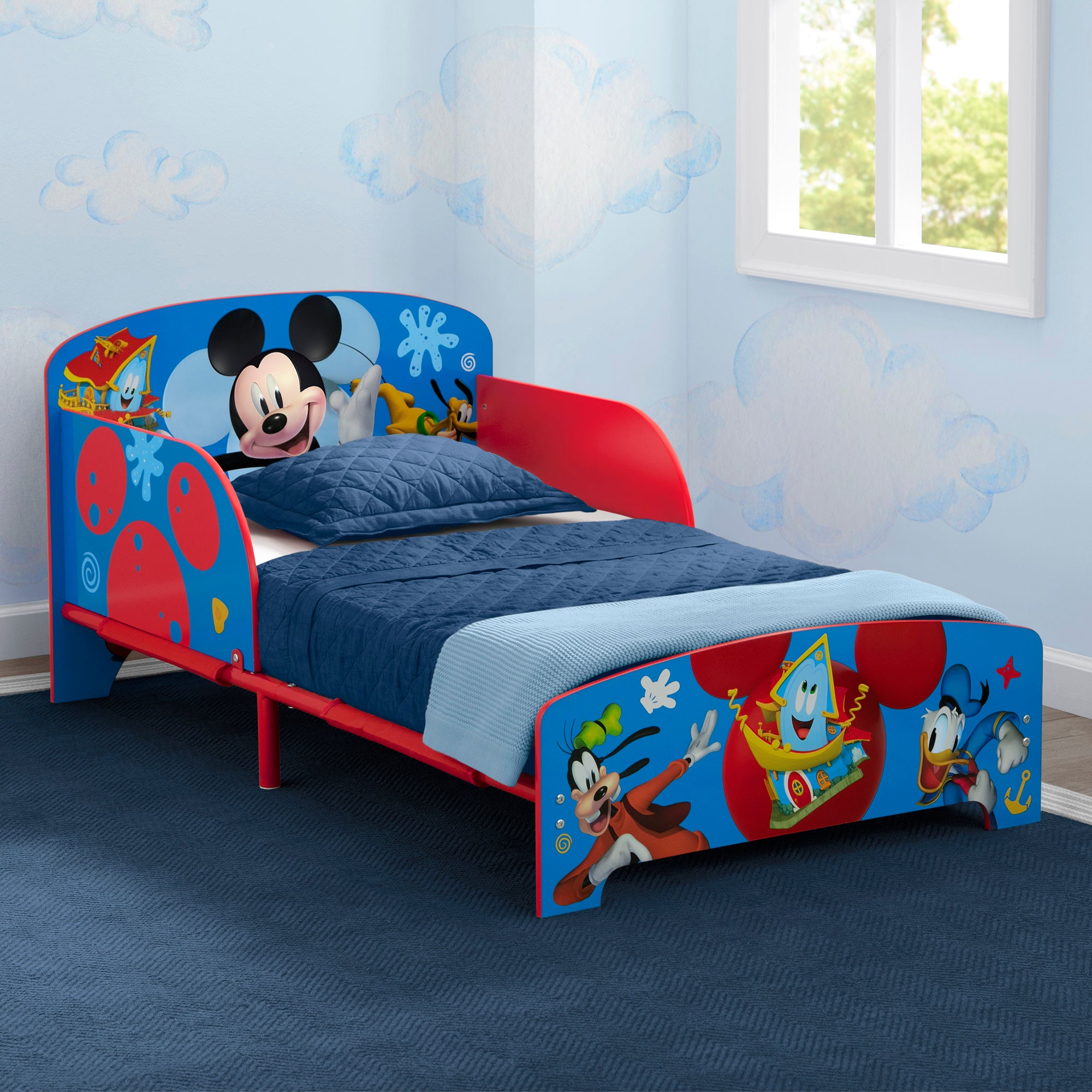 Disney Mickey Mouse Themed Wooden & Metal Toddler Bed for Kids - Perfect for Nursery, Bedroom Decor & First Big Kid Bed Transition
