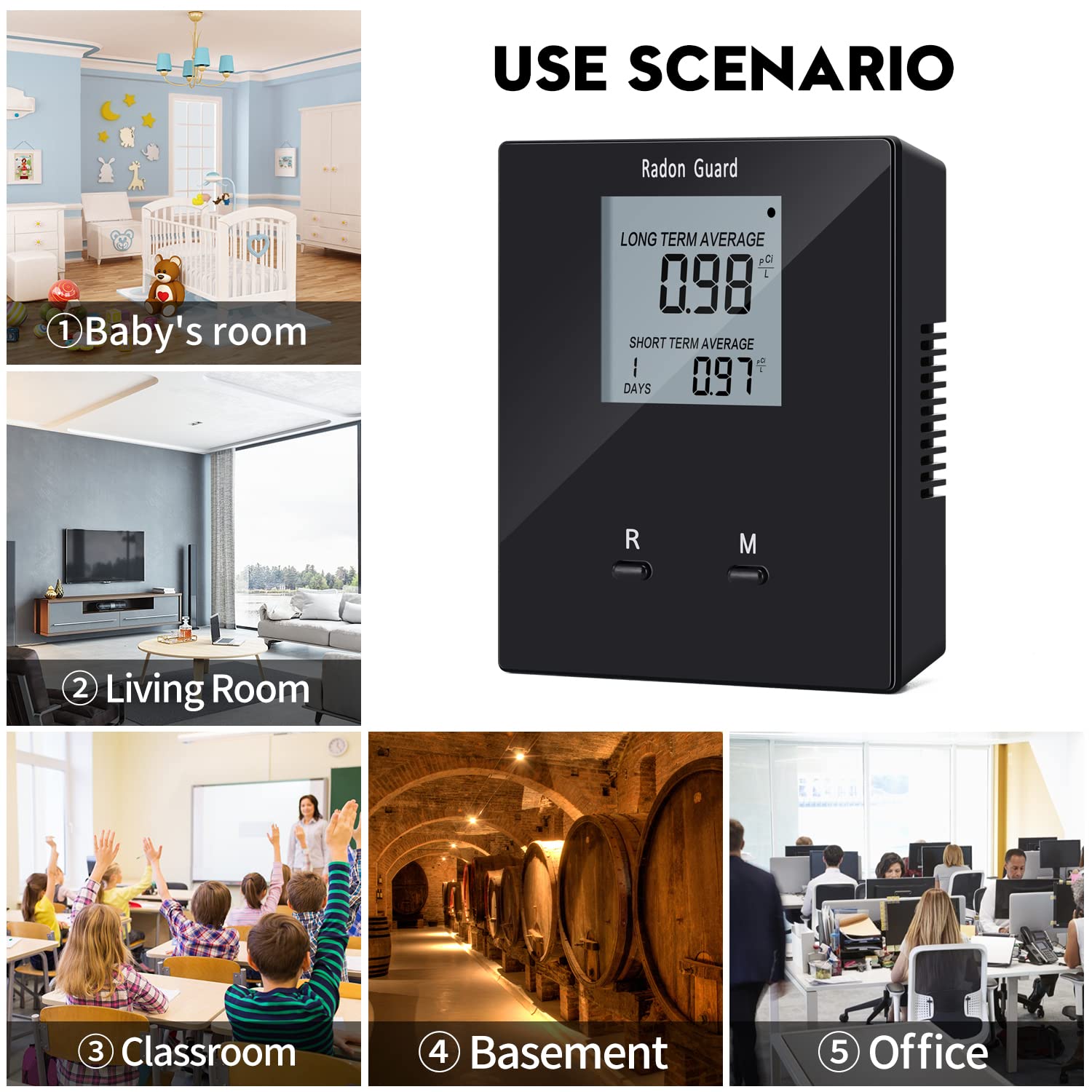 Portable Home Radon Detector & Tester - Long/Short Term Radon Gas Monitor with Rechargeable Battery - Black | Prevent Radon Exposure for Safe Indoor Air Quality in Basements, Bedrooms & Living Spaces