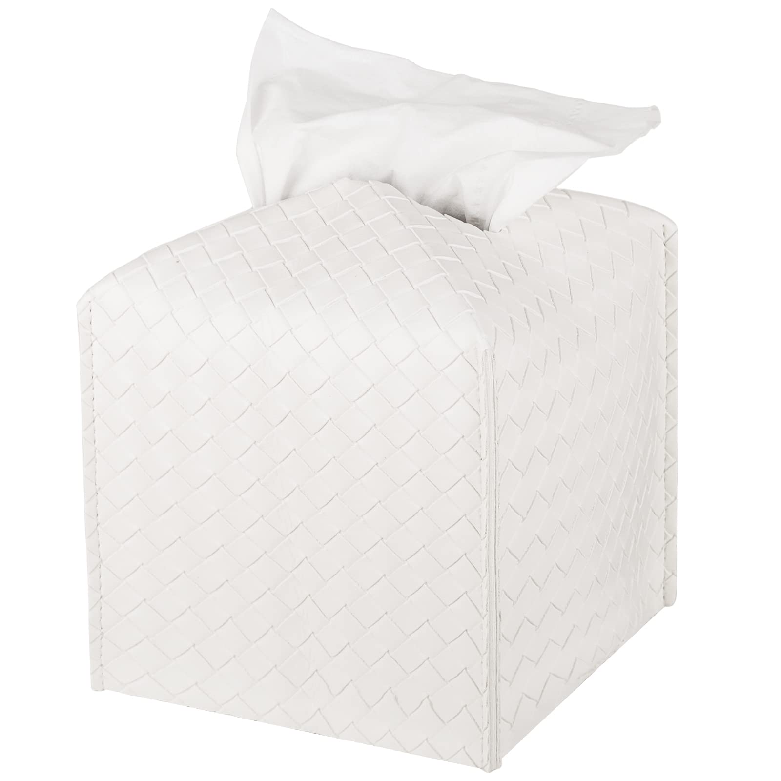 Premium PU Leather Tissue Box Cover - Square Facial Tissue Holder & Organizer for Bathroom, Vanity, Tabletop & Car - Elegant White Home & Office Decor