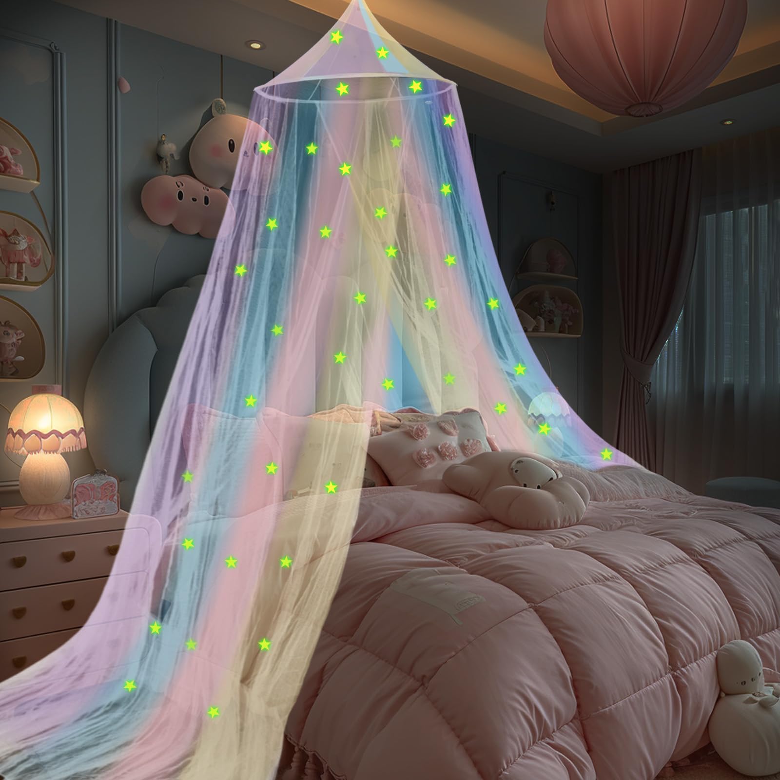 Rainbow Princess Bed Canopy for Girls with Glowing Stars - Twin/Full/Queen Size Dreamy Bed Tent, Ceiling Curtains & Magical Room Decor for Kids Bedroom, Birthday Gifts & Sleepover Parties