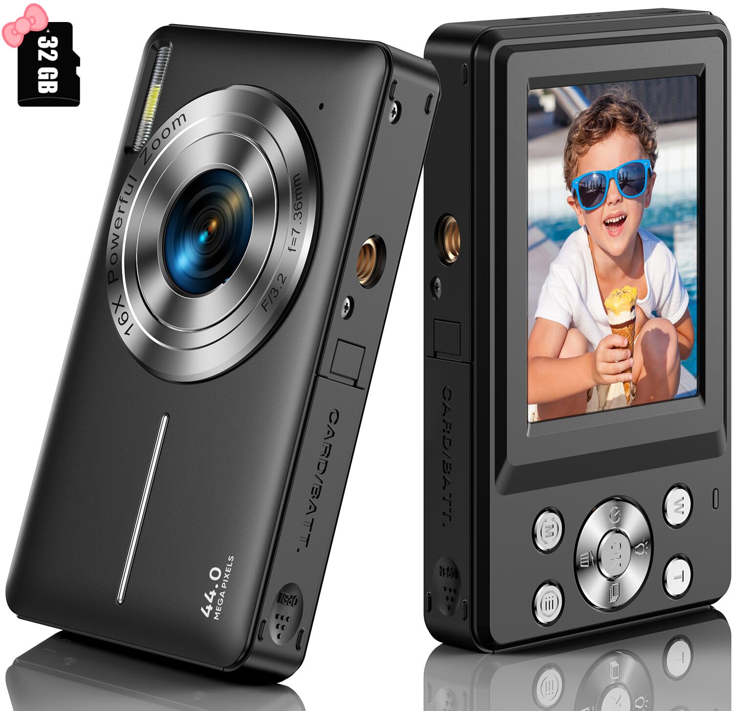 **44MP Kids Digital Camera with 1080P FHD, 16X Zoom & 32GB SD Card - Portable Vlogging Camera for Boys, Girls, Teens & Students - Perfect for Travel, Birthday Gifts & School Projects (Black)**