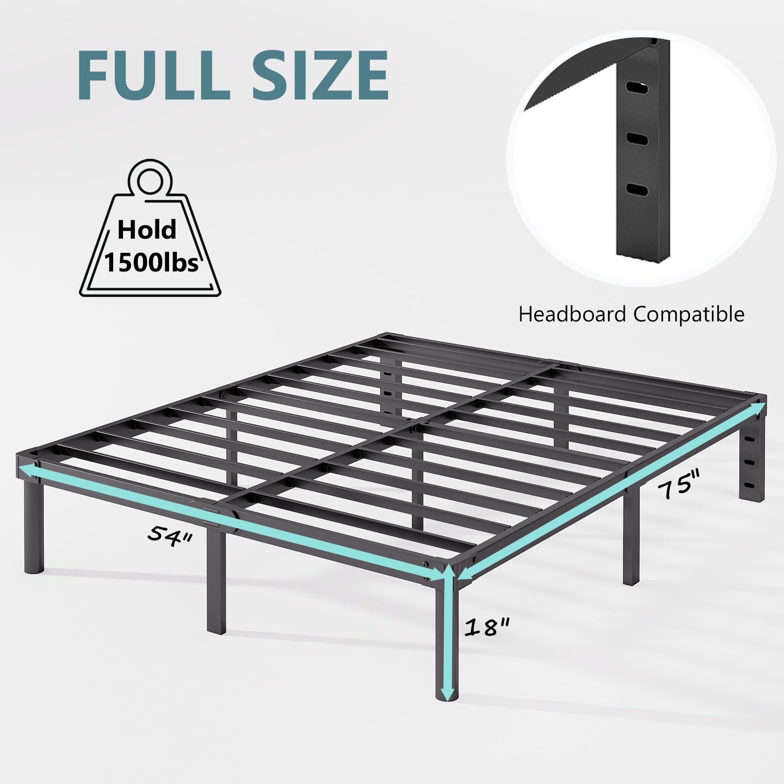 Full Size Bed Frame 18 Inch Height - Heavy Duty Metal Platform Bed with Mattress Foundation, No Box Spring Needed - Easy Assembly, Noise Free, Black (4003-18B) - Perfect for Guest Rooms, Dorms & Small Bedrooms
