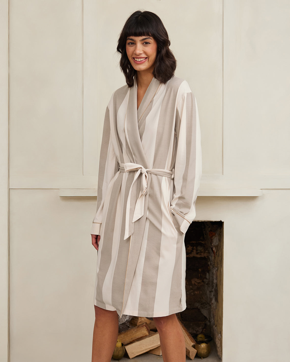 Organic Cotton Lightweight Stripe Dressing Gown for Women - Soft & Breathable Bathrobe - Perfect for Spa, Lounge & Relaxation at Home