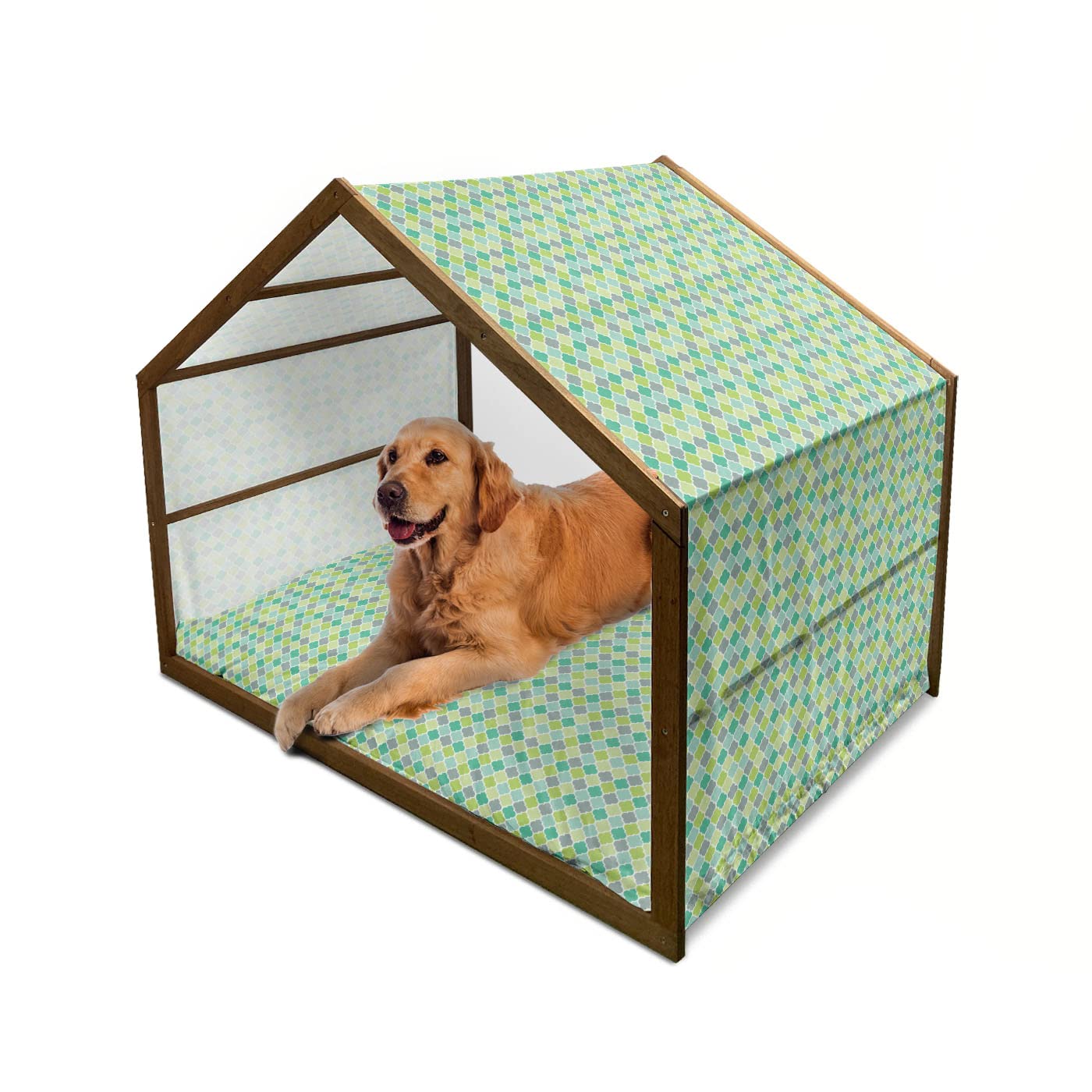 Ambesonne Teal Wooden Dog House - Traditional Moroccan Cultural Pattern Trellis Quatrefoil Motif in Vibrant Colors, Indoor & Outdoor Portable Dog Kennel with Pillow & Cover, X-Large, Multicolor - Perfect for Backyard, Patio, or Indoor Pet Shelter