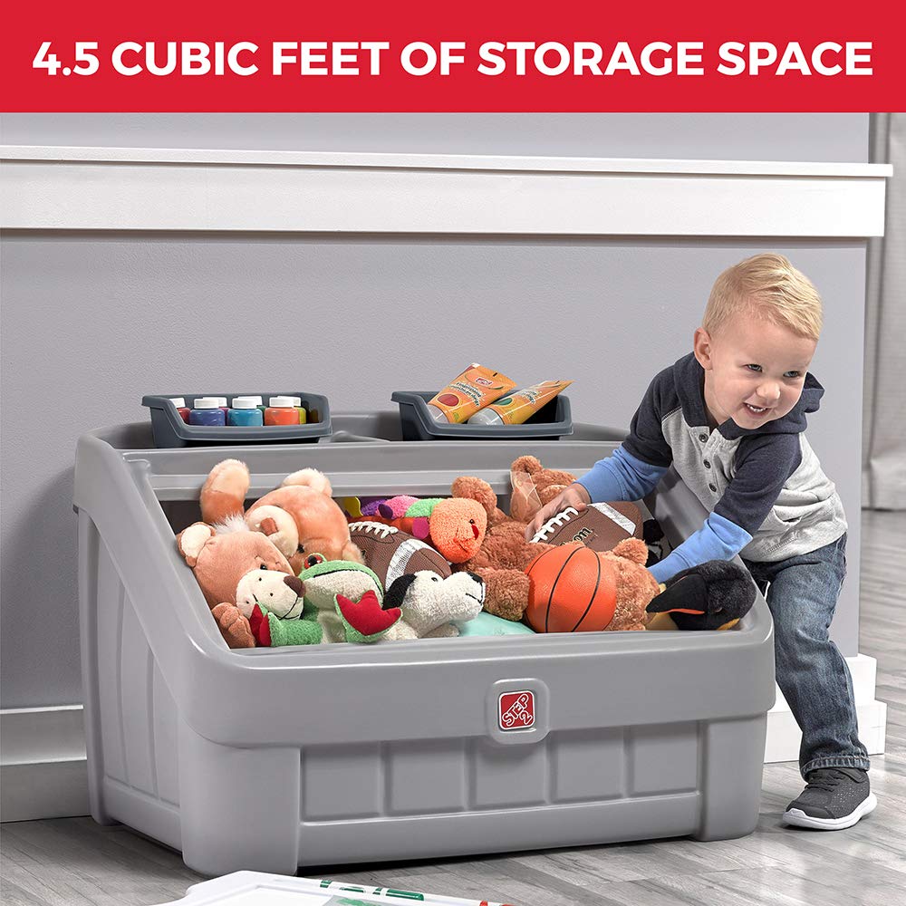 Step2 2-in-1 Toy Box & Art Easel - Durable Plastic Kids Toy Storage Organizer with Art Lid & Chest - Gray Toy Bin for Toddlers 2+ Years - Perfect for Playroom, Nursery & Preschool Classroom Organization
