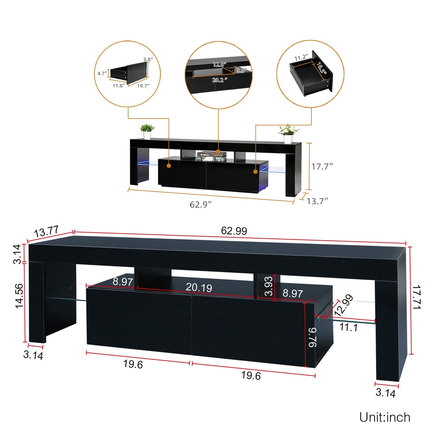 60-75 Inch Black High Gloss Wood TV Stand with LED Lights - Modern Entertainment Center with Large Drawers & Glass Display Shelf - Perfect for Living Room, Bedroom Gaming & Media Storage