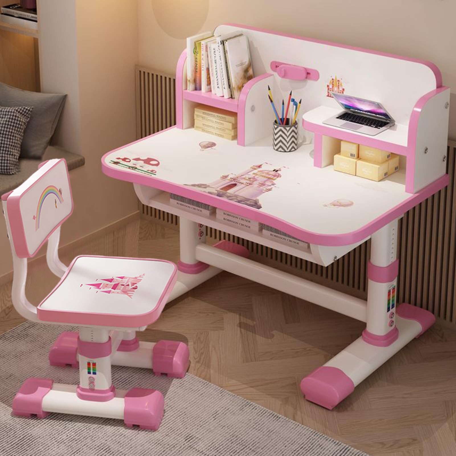 Adjustable Kids Desk and Chair Set - Ergonomic Study Table for Children with Book Stand & Sitting Corrector, Partition Design - Perfect for Homework, Reading & Online Learning (Pink)