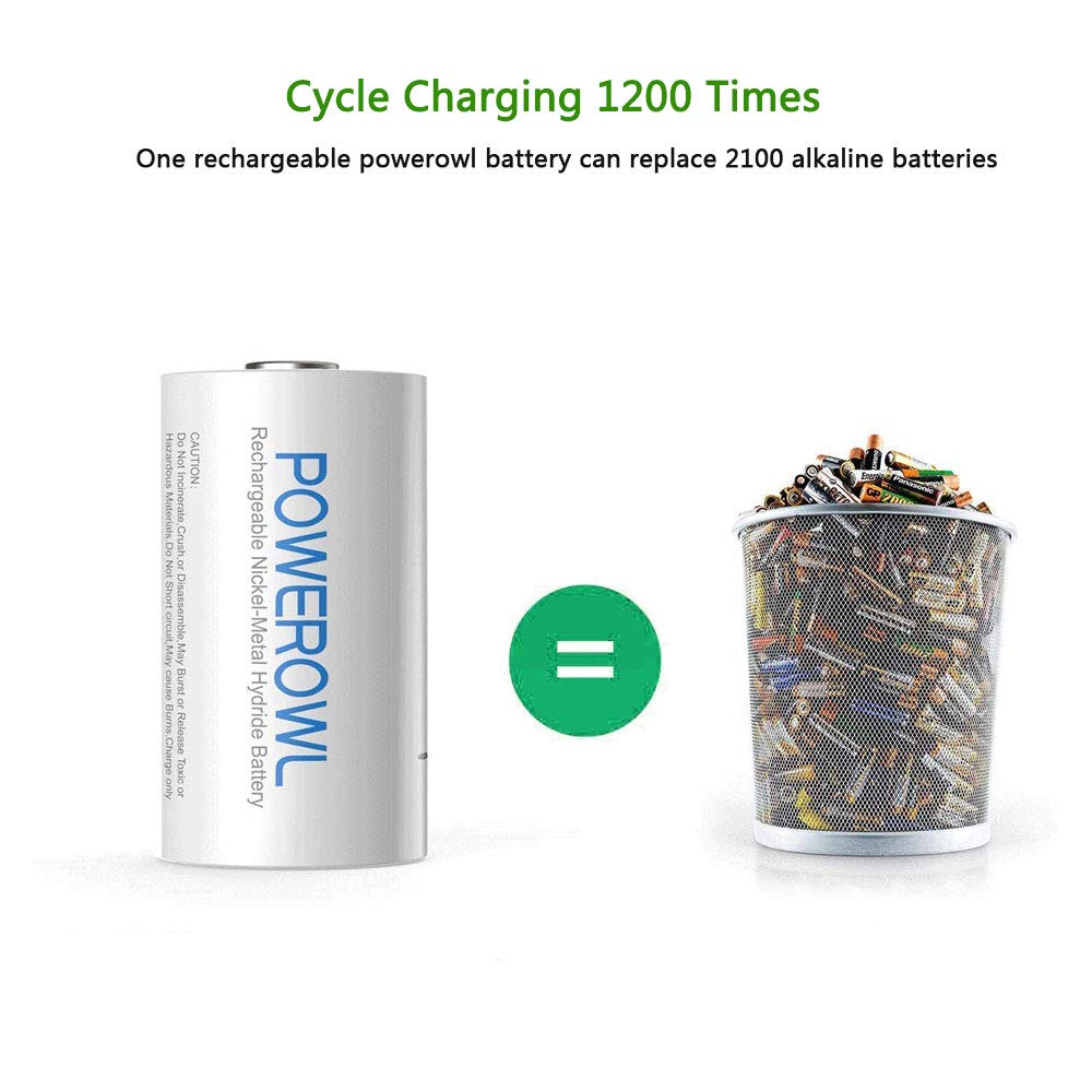 POWEROWL Rechargeable D Batteries 10000mAh - 4 Pack NiMH Low Self Discharge Pre-Charged Batteries for Flashlights, Toys, Radios & Emergency Devices - Universal Rechargeable Battery Solution
