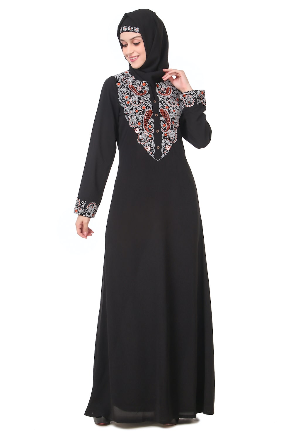 Elegant Faux Button Front Paisley Embroidered Abaya Dress - Modest Muslim Prayer Dress for Women, Perfect for Eid, Ramadan & Special Occasions
