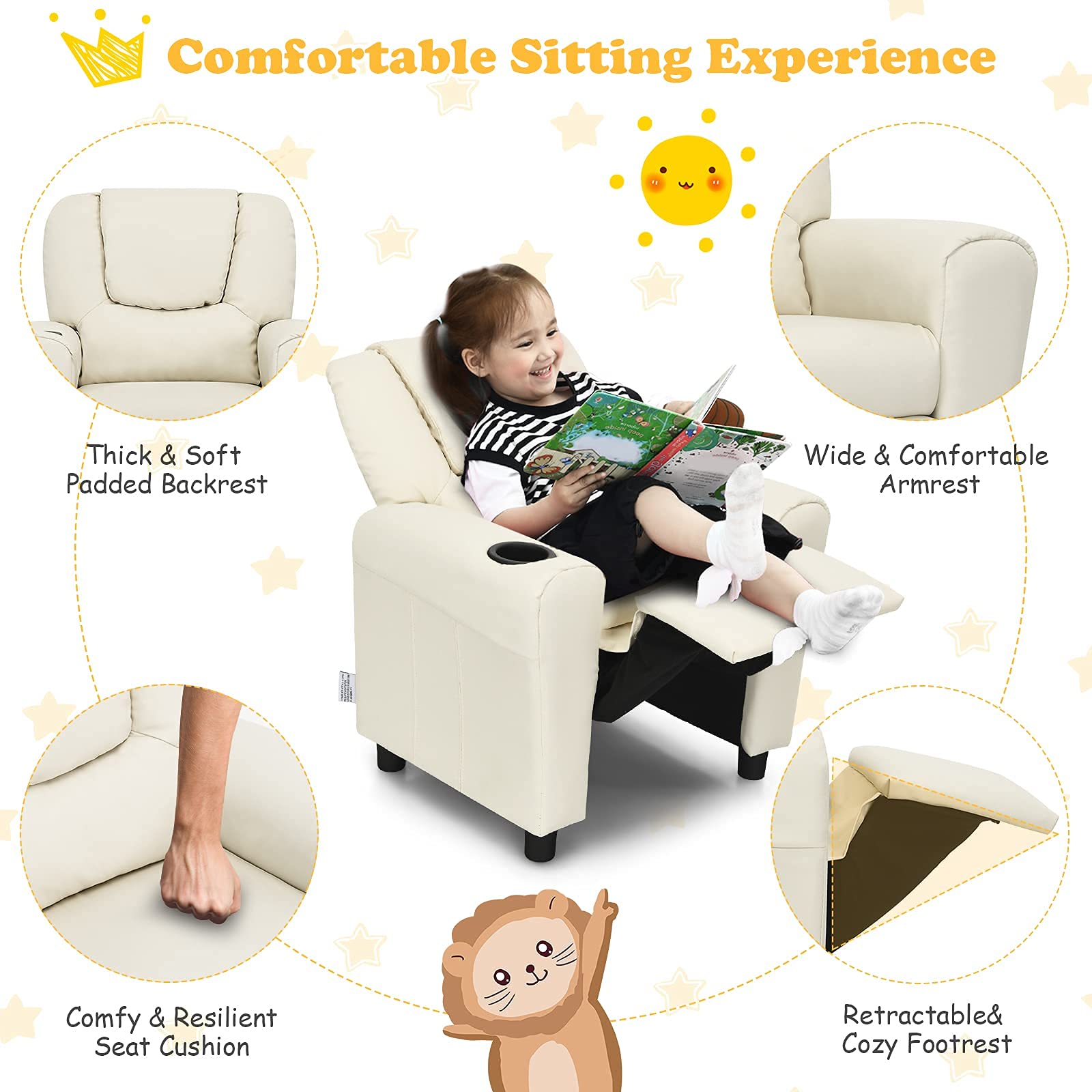 Kids Recliner Sofa Chair with Cup Holder, Adjustable Headrest & Footrest - PU Leather Toddler Armchair for Boys & Girls, Nursery, Playroom, Bedroom (Beige) - Perfect for Reading, Watching TV & Relaxing