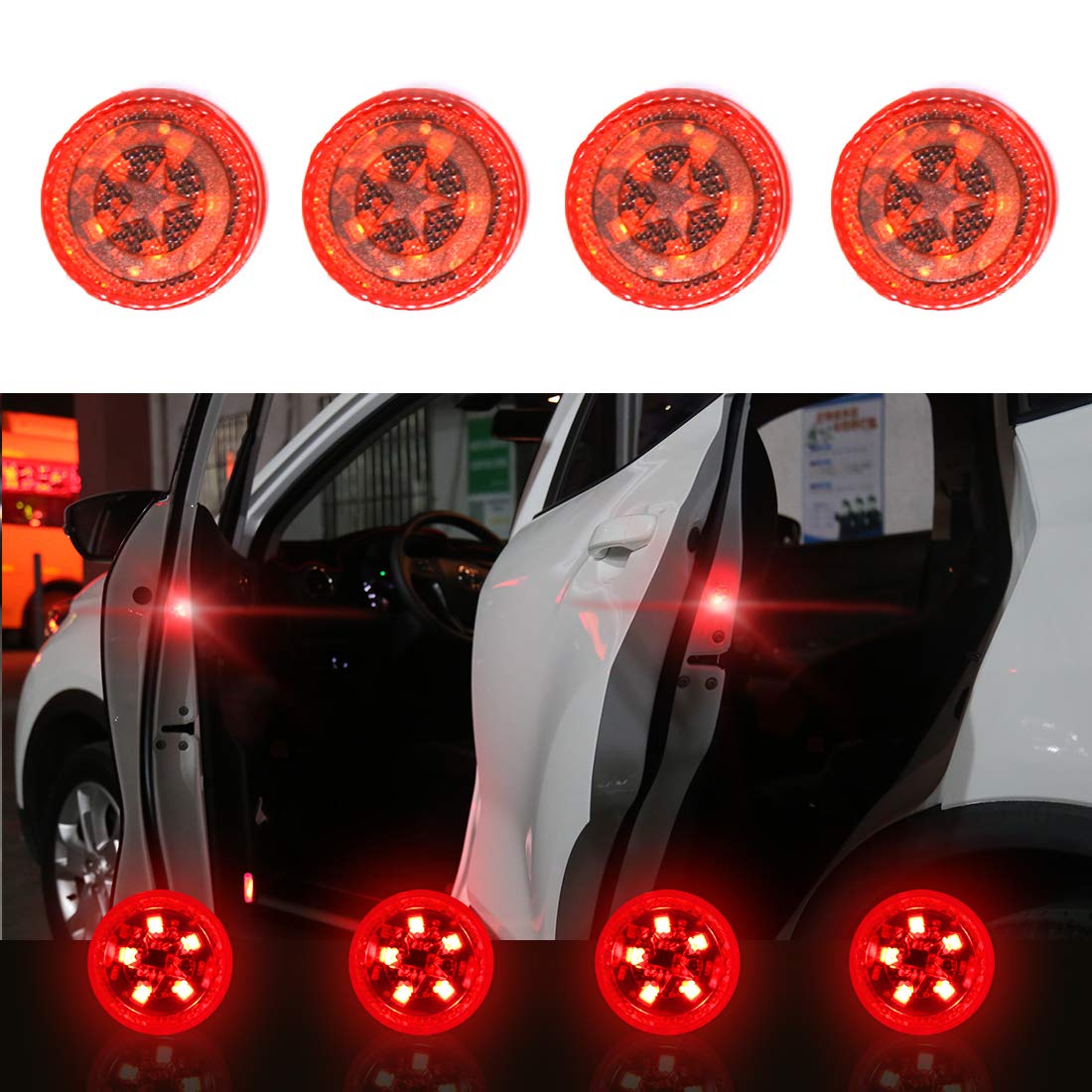 Maodaner 4-Piece Universal Wireless LED Car Door Warning Lights - Red Strobe Flashing Anti-Collision Safety Lamps for Vehicles | Perfect for Night Driving, Emergency Signaling & Parking Safety