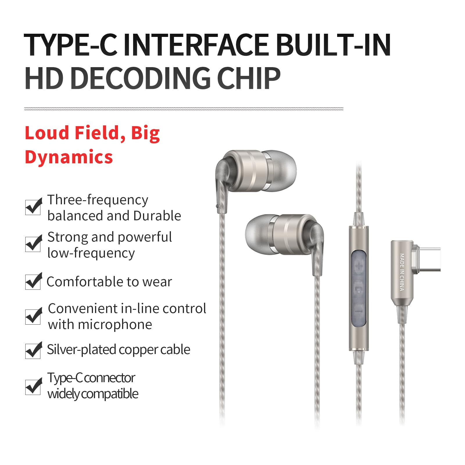 SoundMAGIC E80D HiFi Stereo USB-C Wired Earbuds with Microphone - Powerful Bass Noise Isolating Earphones for Android Devices (Gunmetal) | Perfect for Commuting, Gaming & Music Listening
