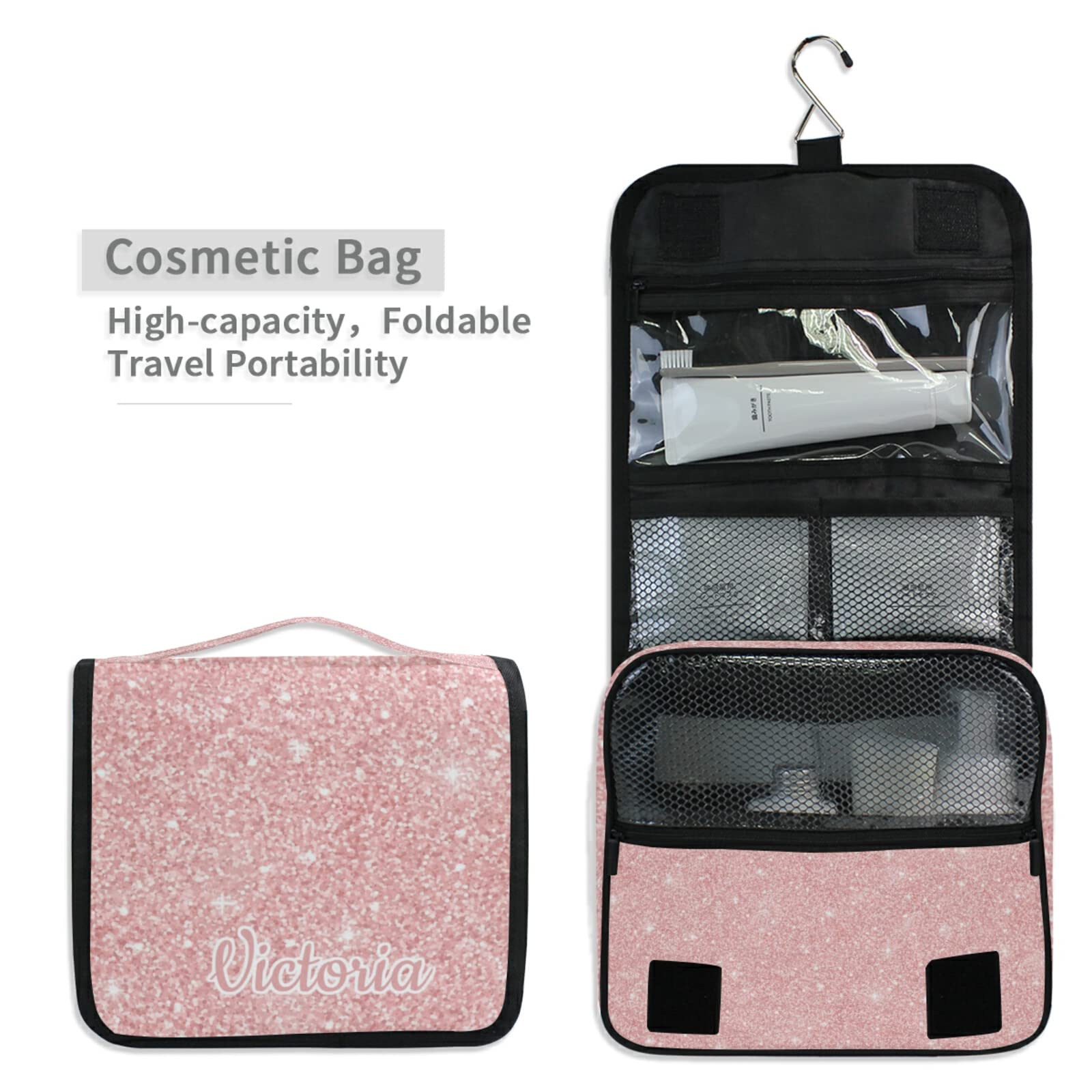 Custom Light Pink Glitter Personalized Travel Hanging Toiletry Bag - Large Waterproof Makeup Organizer for Women & Girls - Perfect for Cosmetics, Toiletries, Travel & Gym Essentials