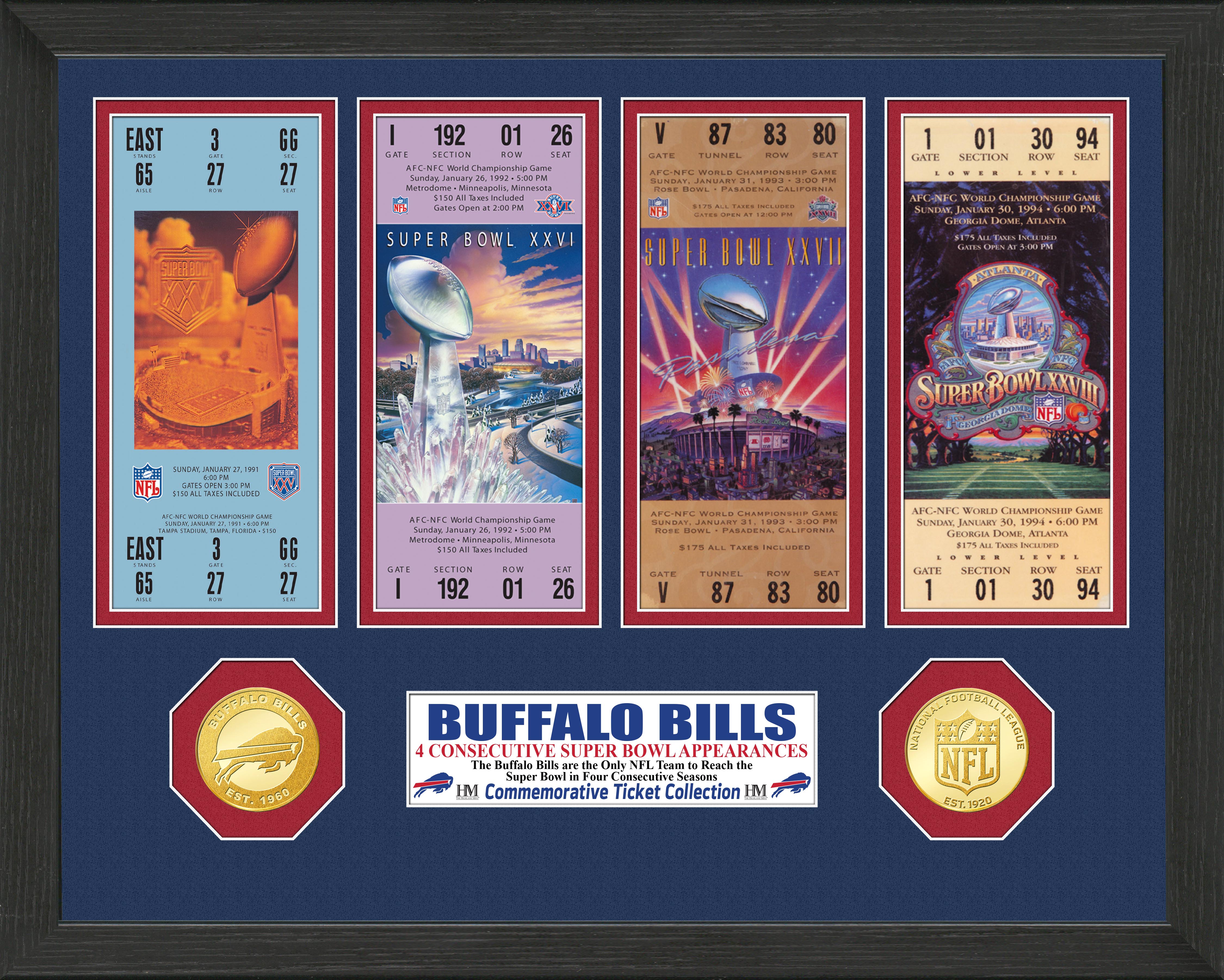 Buffalo Bills 4 Consecutive Super Bowl Appearances Commemorative Ticket Collection - Perfect for NFL Fans, Sports Memorabilia Collectors & Football History Enthusiasts