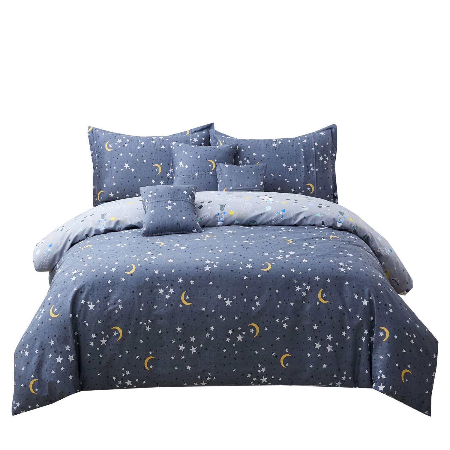 Brandream 7-Piece Queen Size Bed in a Bag - Gray Astronaut Themed Reversible Cotton Bedding Set with Duvet Cover & Sheets | Space-Themed Kids Room Decor for Boys & Girls Bedrooms