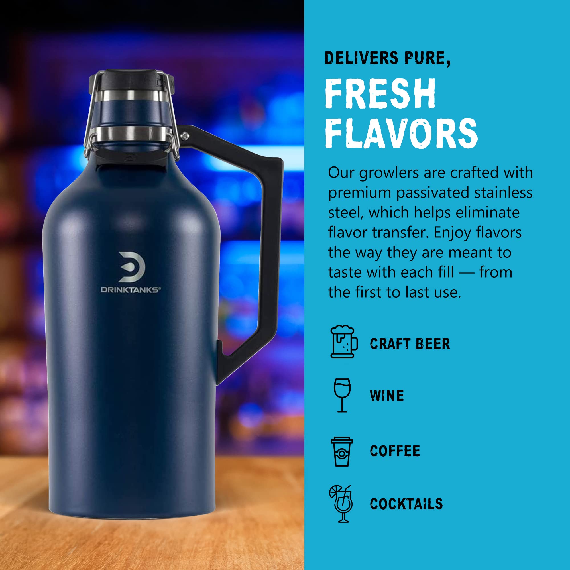 Premium 128oz Stainless Steel Vacuum Insulated Growler - Leakproof Beer, Wine & Coffee Tumbler with Handle | Double-Wall Insulation Keeps Drinks Cold 24+ Hours | Perfect for Camping, Tailgating & Outdoor Adventures