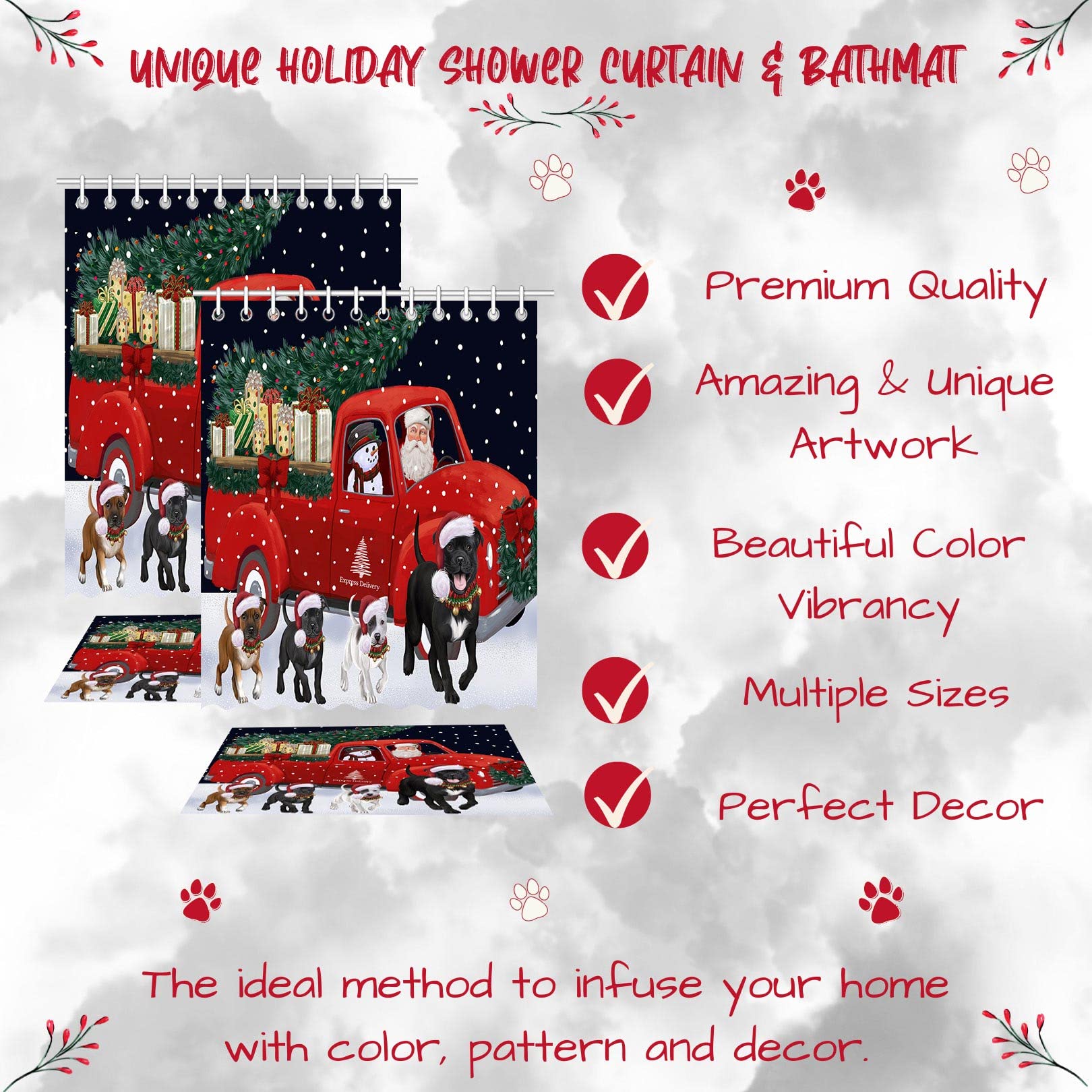 Christmas Express Delivery Red Truck Staffordshire Bull Terrier Dog Shower Curtain & Bath Mat Set - Polyester Bathroom Rug & 72x72 Inch Bathtub Curtain for Pet Lovers - Perfect for Holiday Bathroom Decor & Dog-Themed Home Accessories
