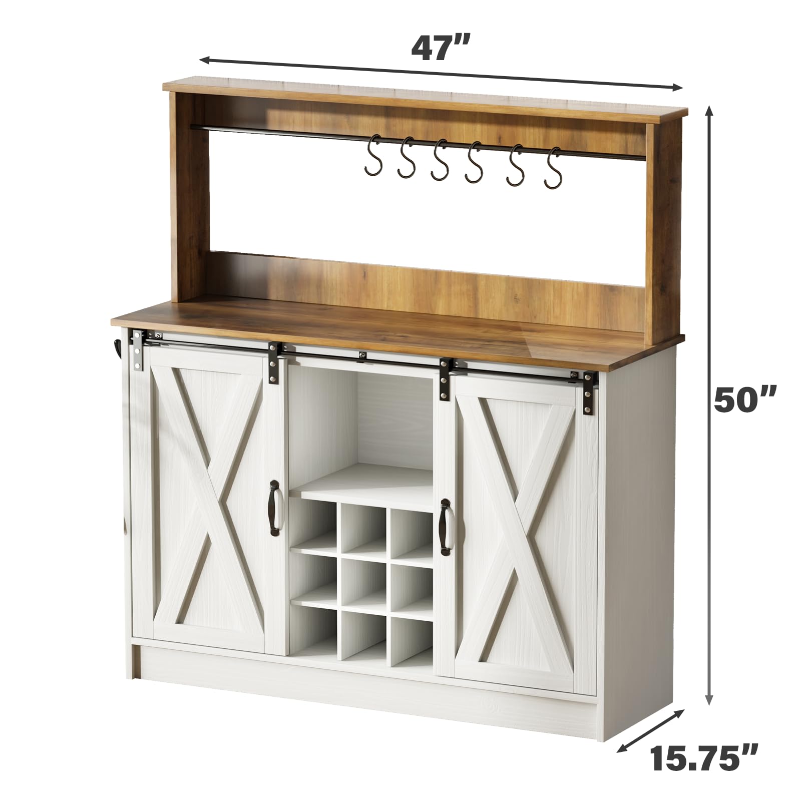 Farmhouse Coffee Bar Cabinet with 6 Hooks & 9 Wine Racks - 47