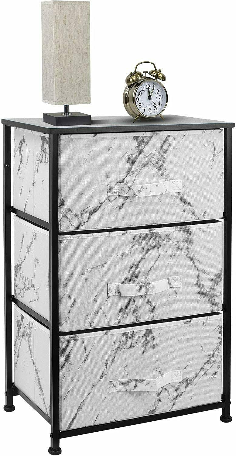 HUIJK 3-Drawer Nightstand Chest - White Marble Black Top Dresser Organizer for Bedroom, Office & Living Room Storage | Compact Side Table with Drawers for Small Spaces