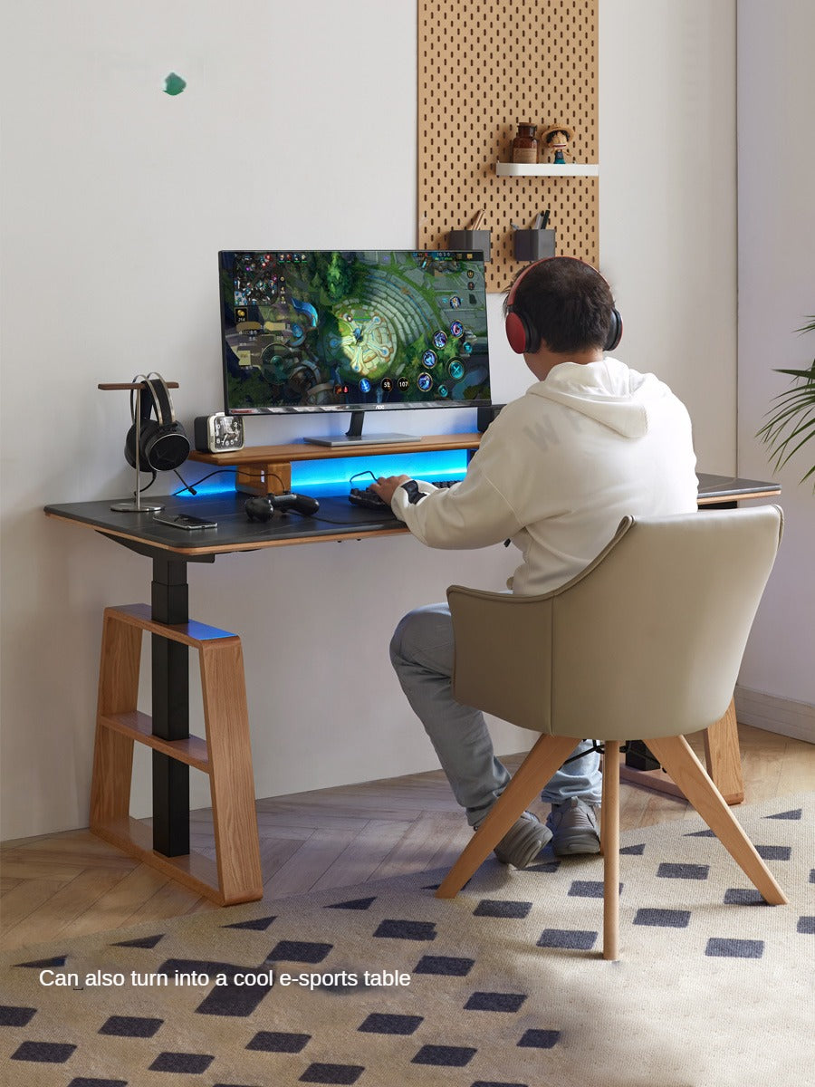 Premium Oak Solid Wood Standing Desk with Natural Rock Slab Top - Ergonomic Adjustable Height Home Office Desk for Work & Study