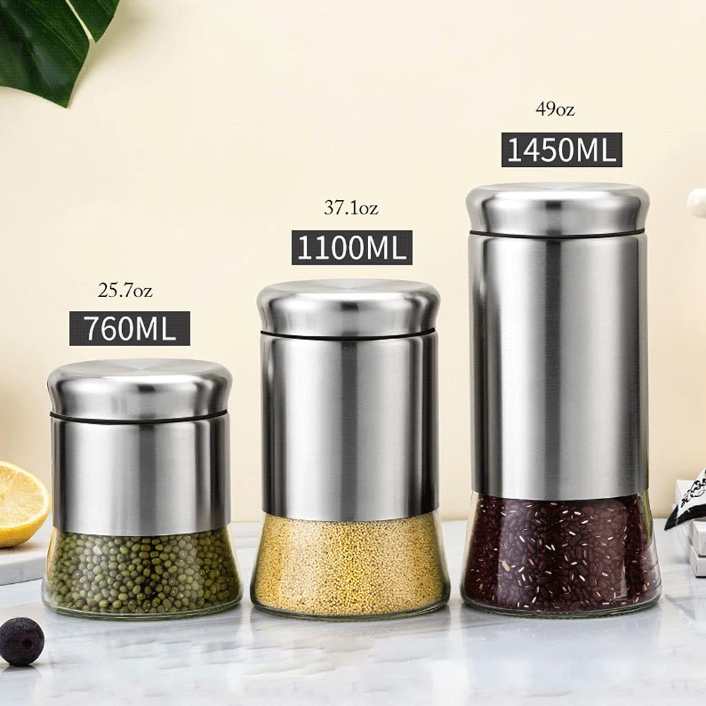 Premium 3-Piece Airtight Kitchen Storage Canisters Set - Stainless Steel & Glass Food Containers for Tea, Coffee, Sugar & Spices | Countertop Organization for Pantry, Baking & Cooking Essentials