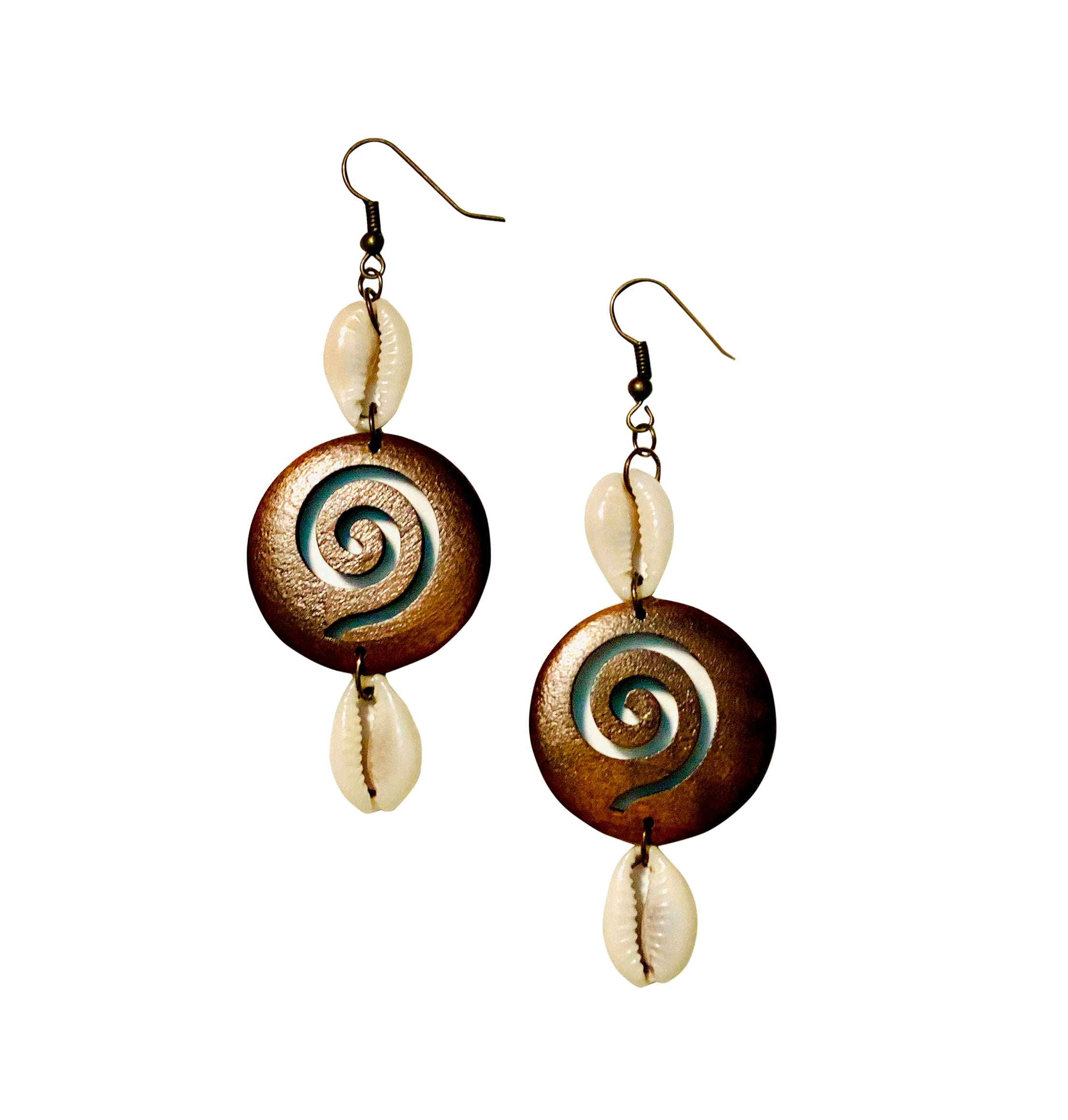 Double Cowrie Wooden Earrings - Handmade Cowry Shell Jewelry & Spiral Wood Earrings for Women - Island Style Boho Accessories - Perfect for Beach Vacations, Summer Outfits & Gift Giving