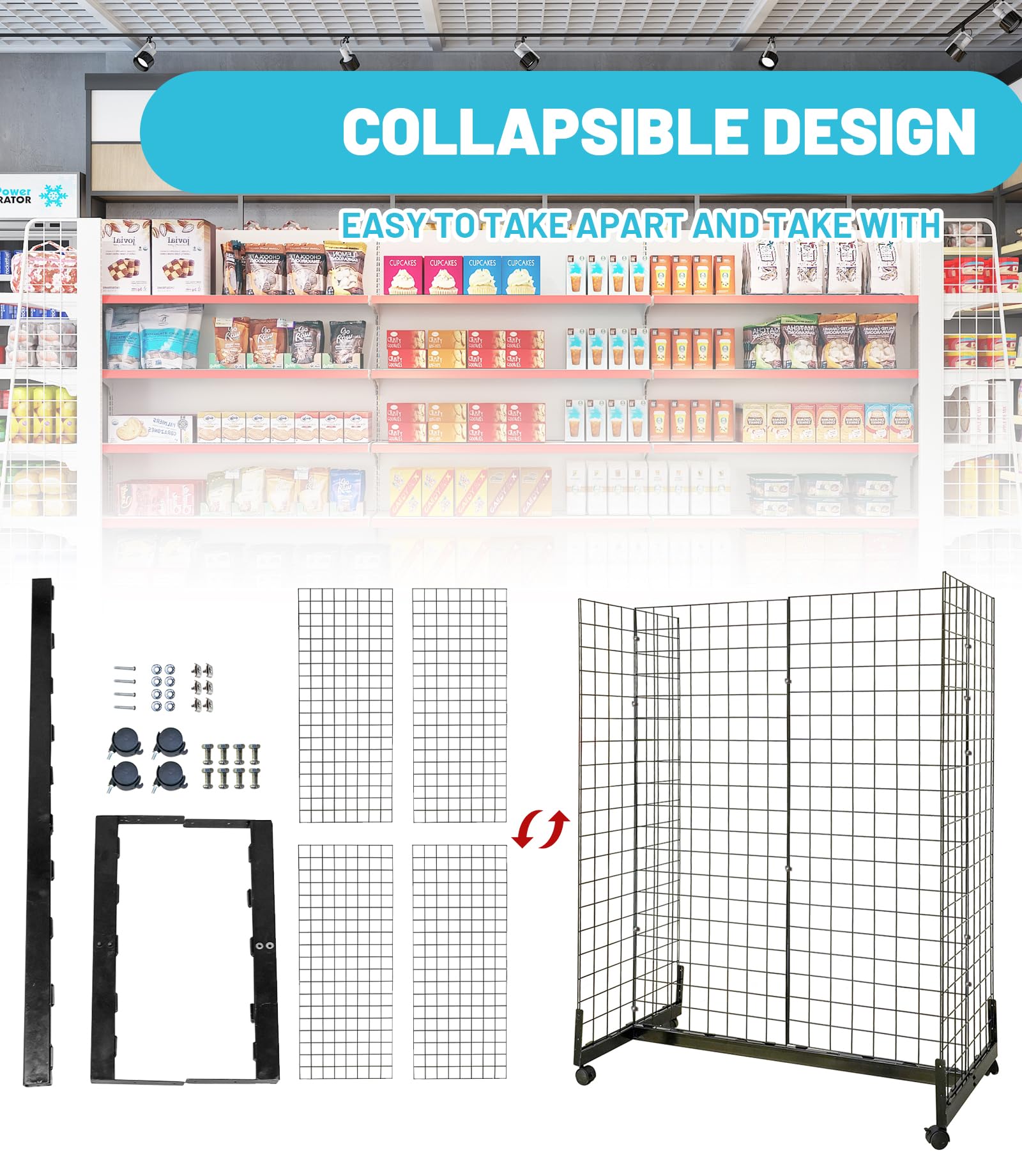 5' x 2' Metal Grid Wall Shelf Display Stand with Rolling Base - Detachable Gridwall Panels for Retail Store, Boutique & Trade Show Displays - Perfect for Clothing, Jewelry & Accessories Organization