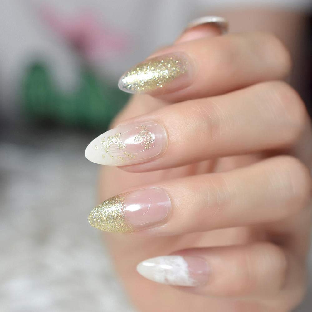 Elegant French Tip False Nails - White & Gold Almond Oval Fake Nails for Daily Wear, Party & Special Occasions | Easy DIY Nail Art Tips