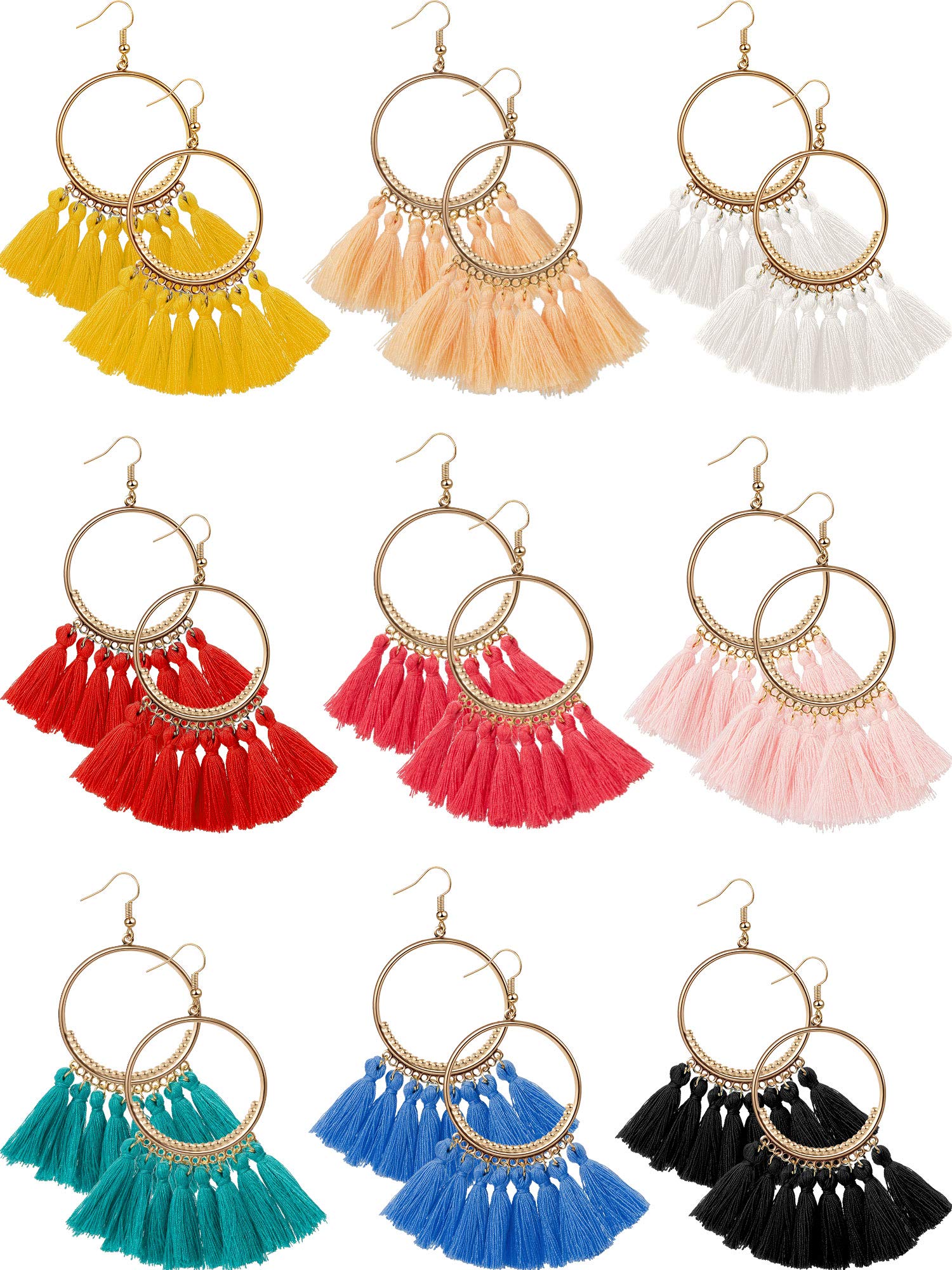 9 Pairs Bohemian Tassel Hoop Earrings for Women - Colorful Fan Shape Drop Dangle Earrings with Hook Closure - Perfect for Parties, Festivals & Boho Fashion Accessories (Multicolor B)