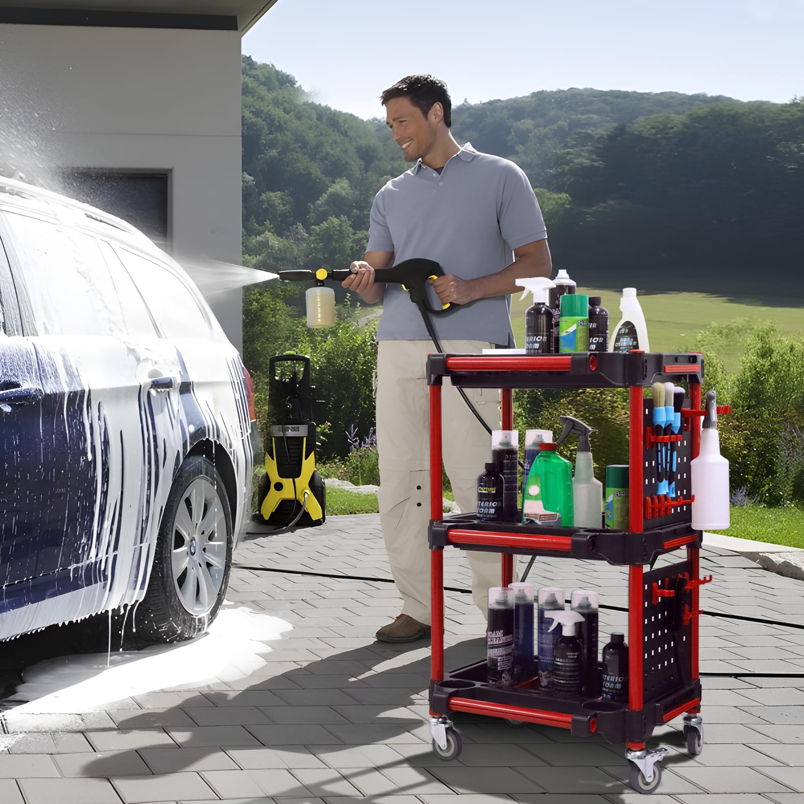 3-Tier Mobile Car Detailing Cart with Wheels - Heavy Duty Utility Cart with Side Hanging Plate & Hooks - Perfect for Car Wash, Auto Detailing & Mechanics Workshop - Ideal for Professional Detailing, Vehicle Repairs & Garage Organization