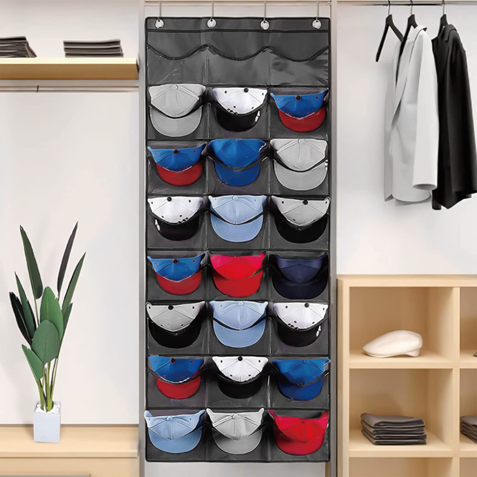 24-Pocket Over-The-Door Baseball Cap Organizer with Clear Deep Pockets - Closet & Door Storage Solution for Hats, Snapbacks & Sports Caps - Perfect for Bedroom, Closet & Entryway Organization