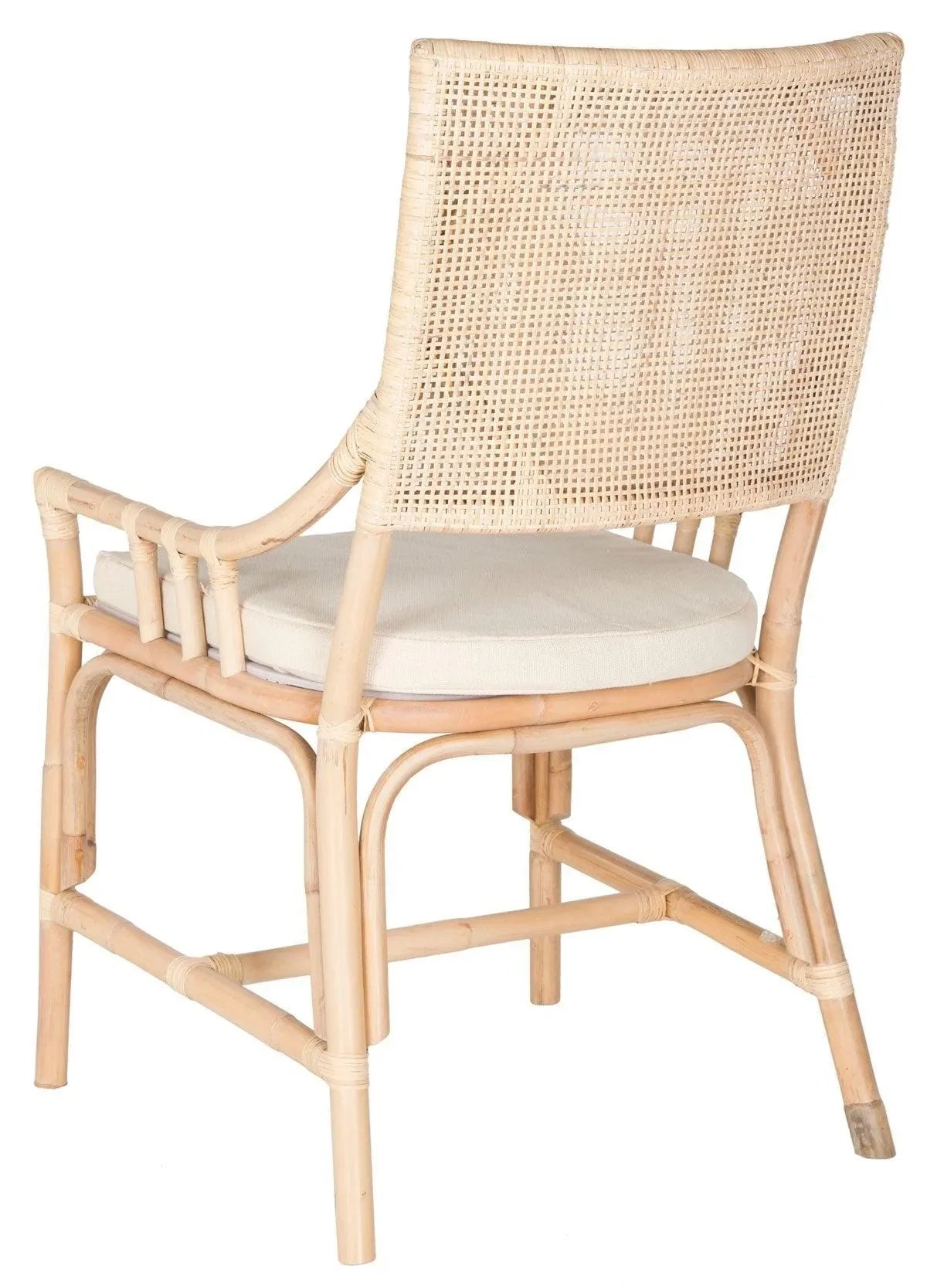 Natural White Wash Rattan Armchair with Cushion - Coastal & Boho Style Accent Chair for Patio, Living Room, or Bedroom Decor