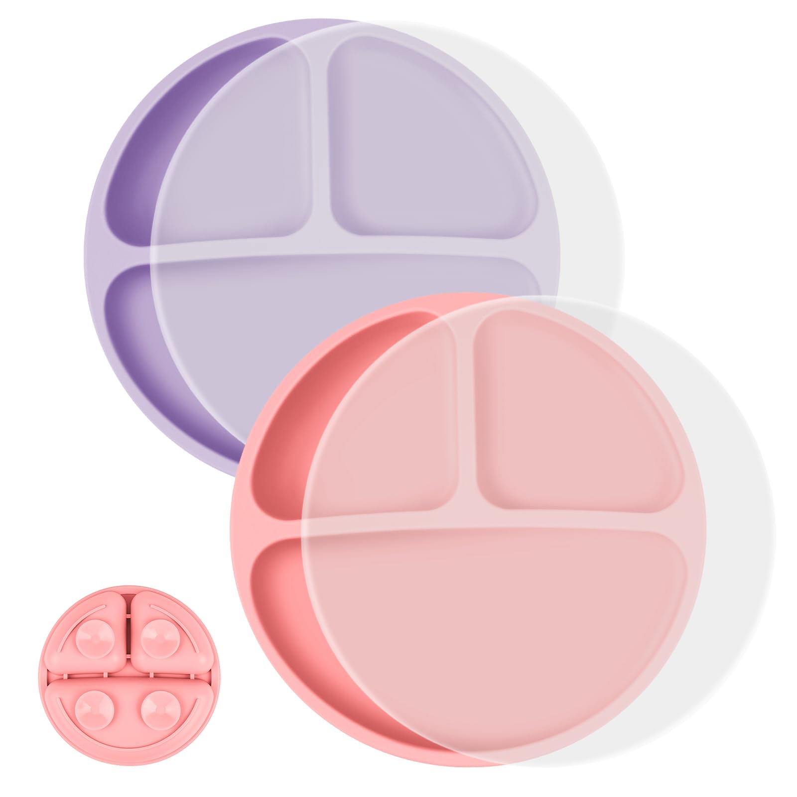 Vicloon 2-Pack Silicone Toddler Plates with Lids - BPA Free, Microwave & Dishwasher Safe Suction Plates for Babies - Divided Section Design for Easy Feeding - Perfect for Home, Travel & Daycare Use
