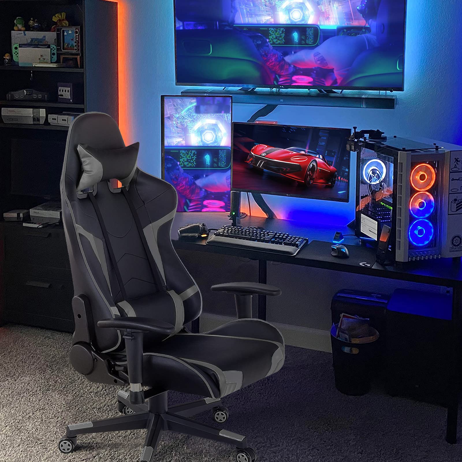 GYMAX Ergonomic Gaming Chair with Adjustable Headrest & Lumbar Support - Reclining Computer Chair for Adults - Comfortable Office Desk Chair for Gamers & Professionals - Perfect for Long Gaming Sessions & Remote Work (Grey)