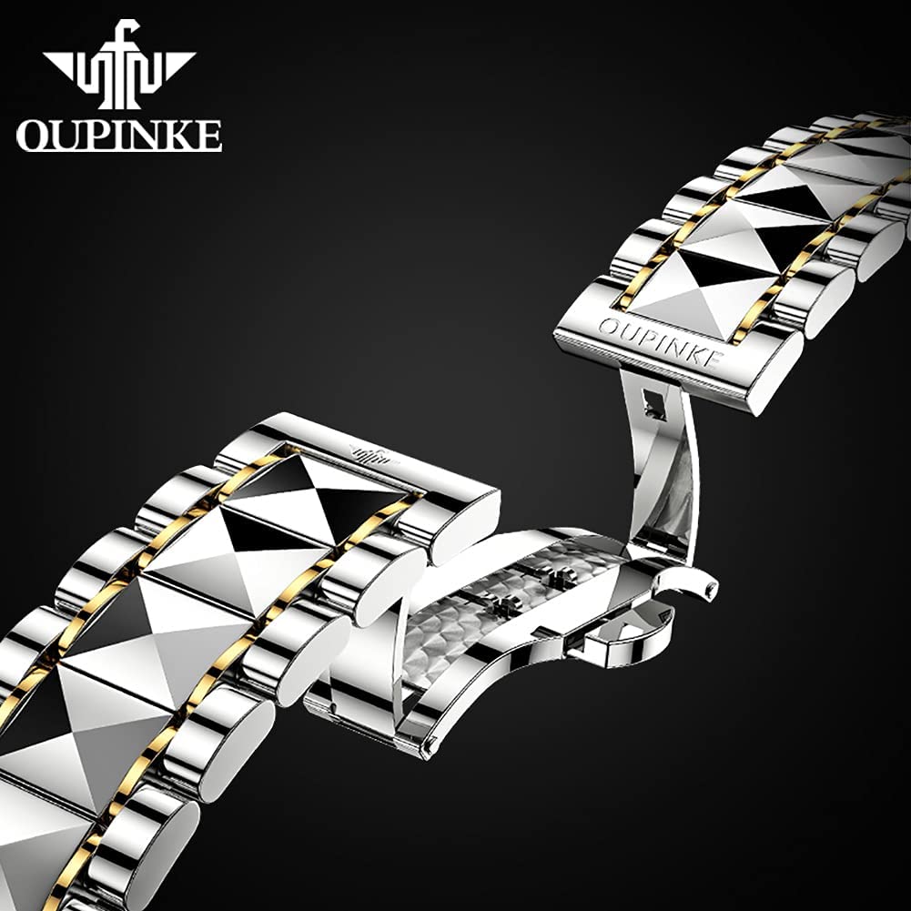 OUPINKE Men's Luxury Automatic Skeleton Watch with Diamond Accents - Self-Winding Mechanical Dress Watch - Sapphire Crystal & Tungsten Case - Perfect for Business, Formal Events & Gifting