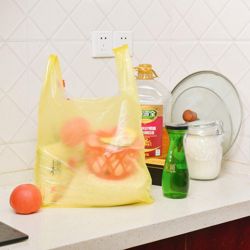 LazyMe Plastic T-Shirt Bags with Handles - 12x20 Inch Grocery Shopping Bags, Retail Store Bags, Business Plastic Bags (Yellow, 50 Pack) - Perfect for Supermarkets, Convenience Stores & Farmers Markets