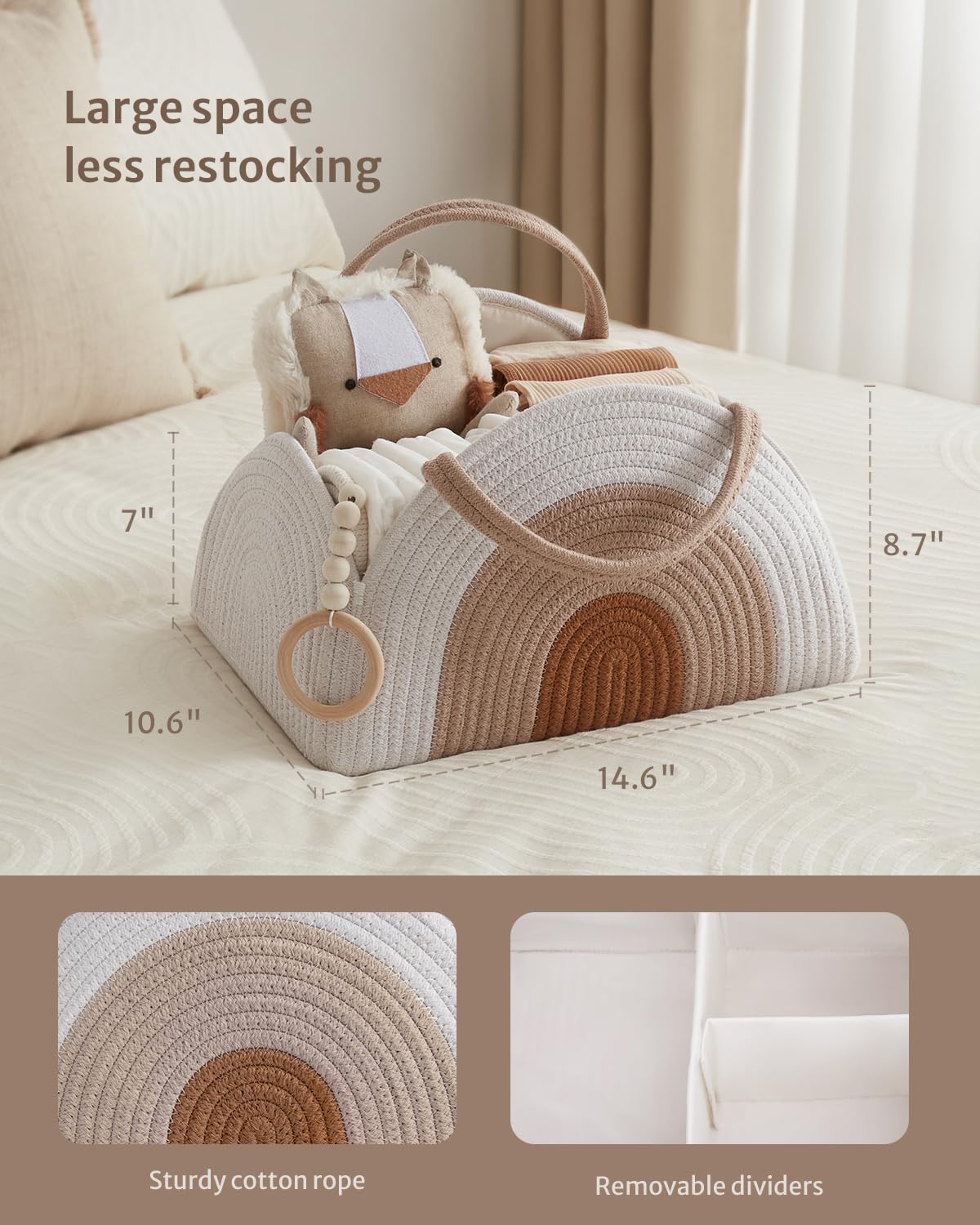 Blissful Diary Baby Diaper Caddy Organizer - Cotton Rope Storage Basket for Newborn Boys & Girls | Large Nursery Organizer for Diapers, Wipes & Baby Essentials | Perfect Baby Shower Gift & Newborn Must-Have in Earthy Rainbow Design | Ideal for Nursery, Bedroom & On-the-Go Parenting