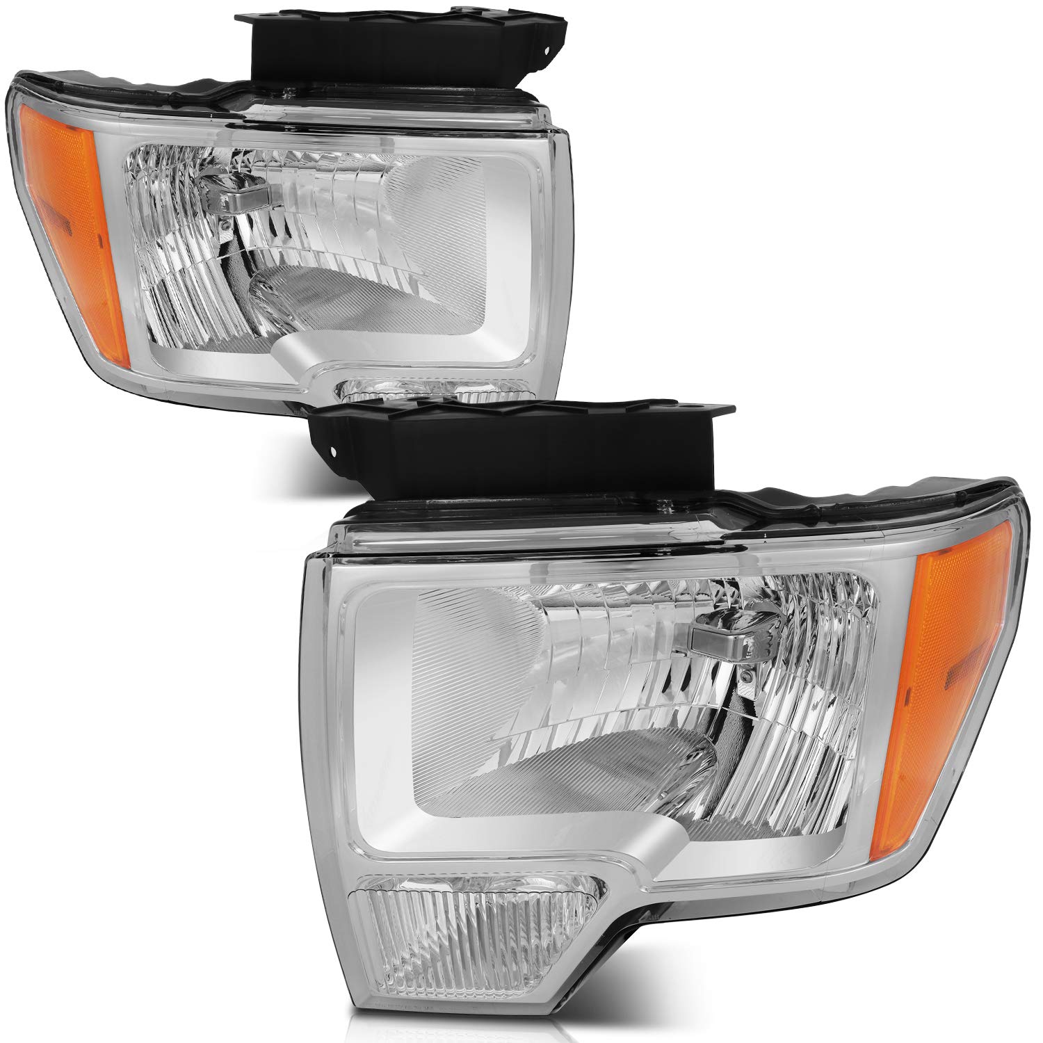 SCITOO Headlight Assembly Compatible with Ford F-150 2009-2014 - Chrome Housing, Amber Reflector, Clear Lens - Perfect for Night Driving & Off-Road Adventures