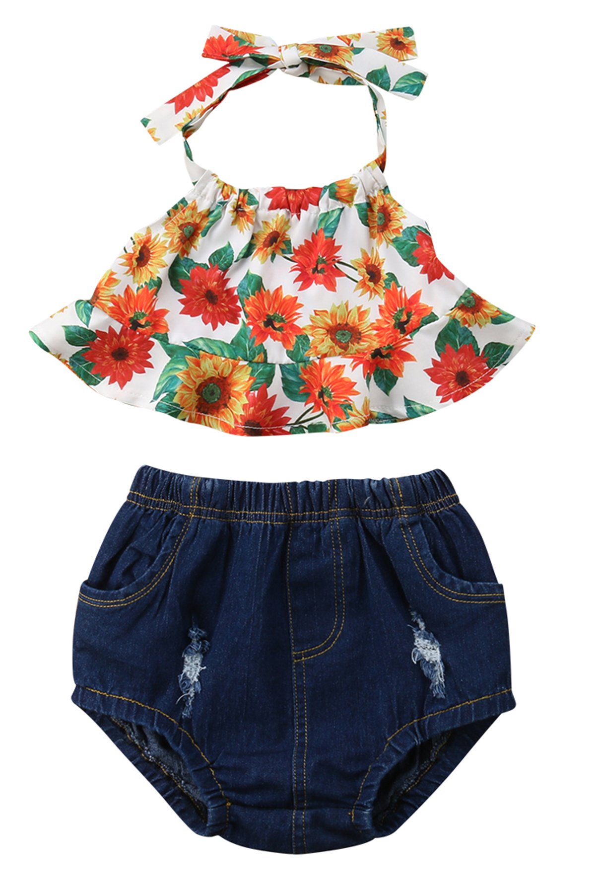 Baby Girls Ruffle Bowknot Floral Halter Tank Top & Distressed Denim Shorts Outfit Set with Pocket - Perfect for Summer Playdates, Beach Trips, and Casual Outings