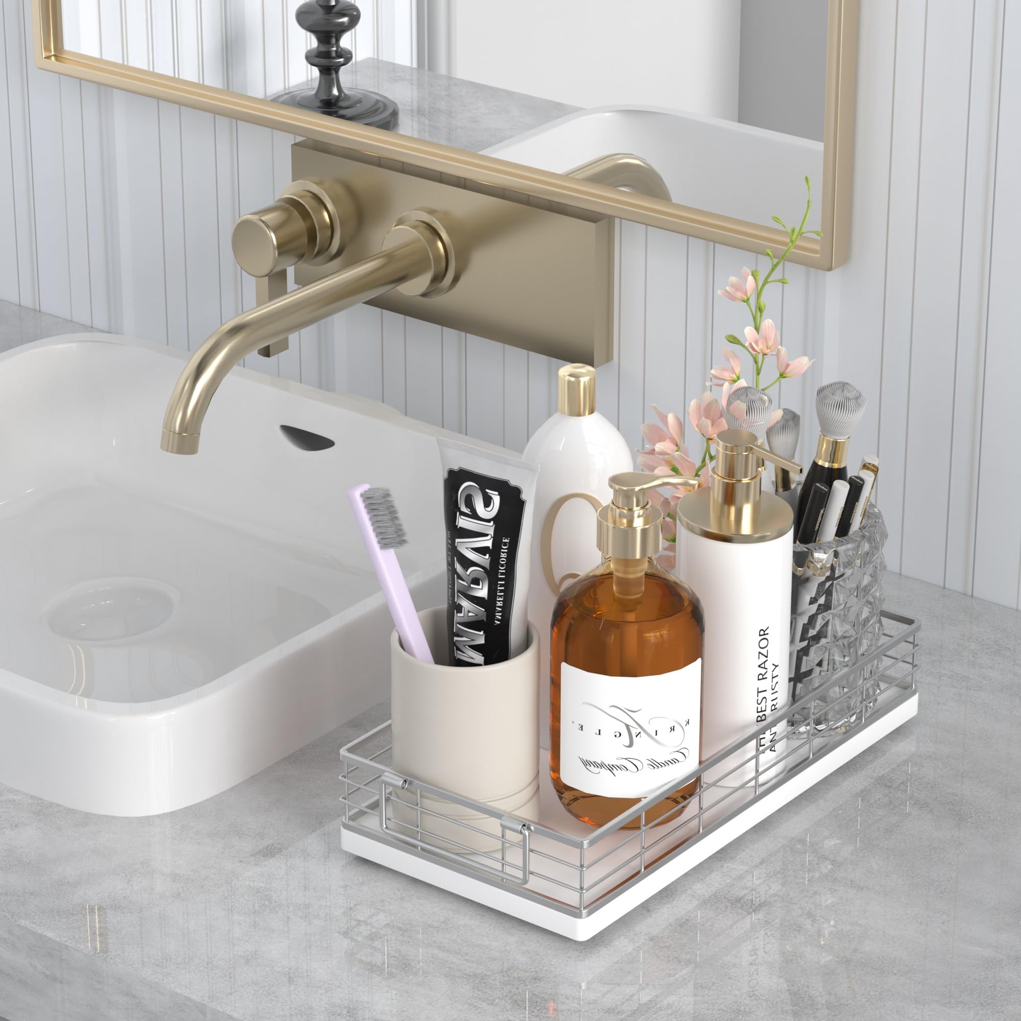 13 Inch Oak & Iron Toilet Paper Basket - Bathroom Tank Tray Toilet Organizer for Toiletries Storage | Perfect for Bathroom, Living Room & Kitchen Decor (White) - Ideal for Small Space Organization & Home Essentials Storage