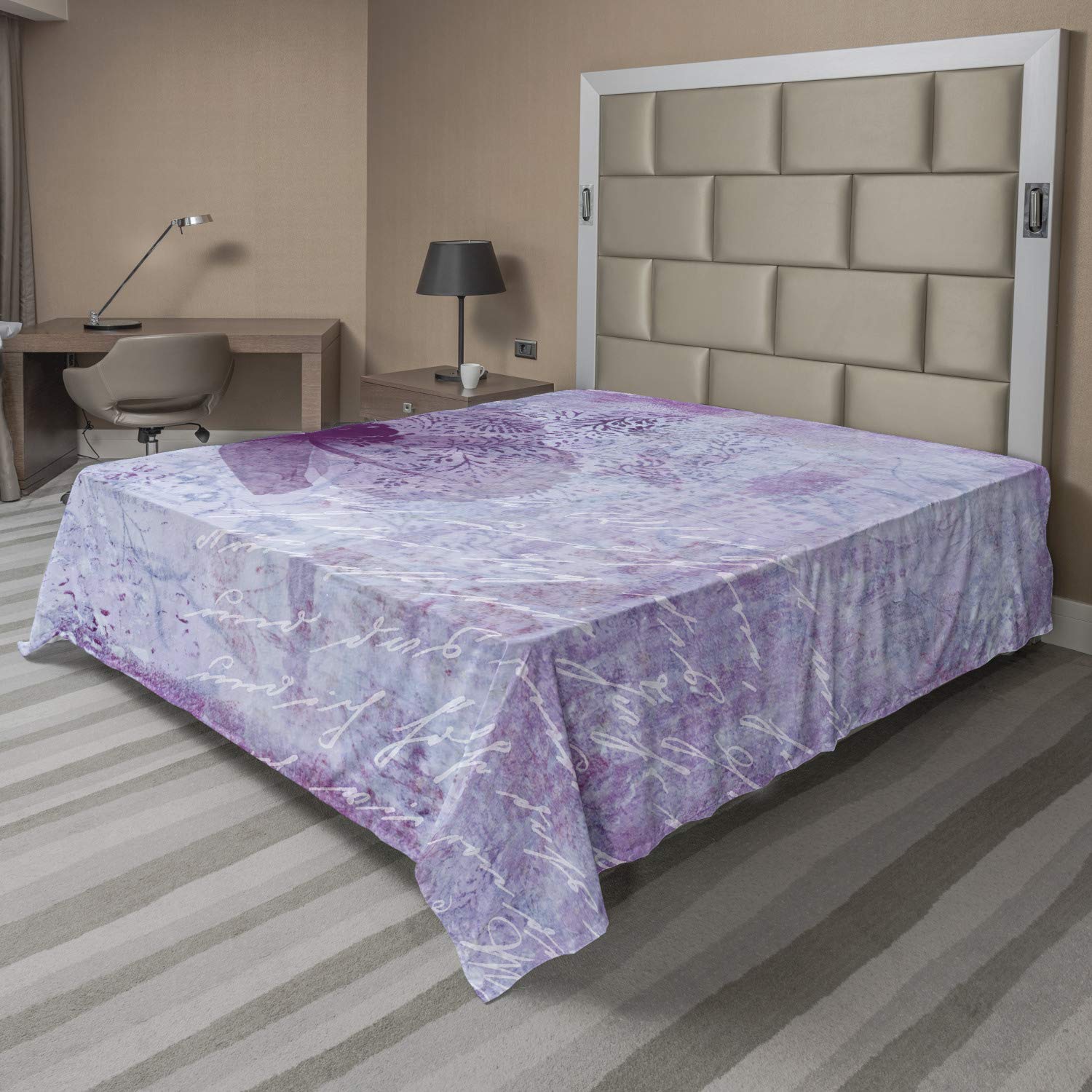 Ambesonne Poppy Flower Flat Sheet - Full Size Lilac Floral Vintage Bedding with Poetry Pattern, Soft & Comfortable Decorative Top Sheet for Romantic Bedroom Decor | Perfect for Guest Rooms, Master Bedrooms & Boho Chic Home Styling
