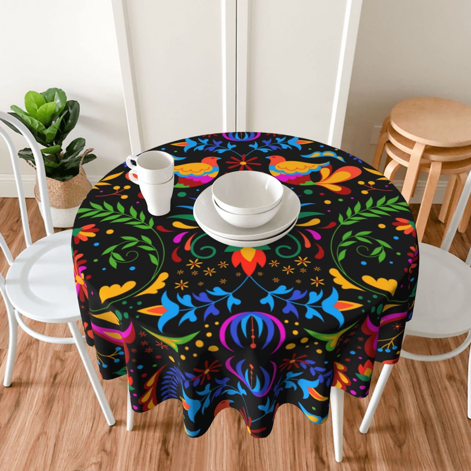 60 Inch Round Black Mexican Bird Flower Tablecloth - Spill Proof & Durable for Dinner Parties, Picnics, Camping & Mexican Themed Decor | Washable Table Cover for Indoor & Outdoor Use