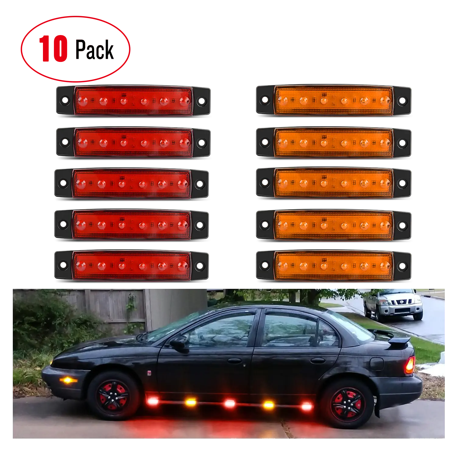 3.8 Inch 6 LEDs Red Amber Side Marker Lights - 10 Pack for Trucks, Trailers & RVs - Waterproof & Durable for Road Safety & Night Visibility