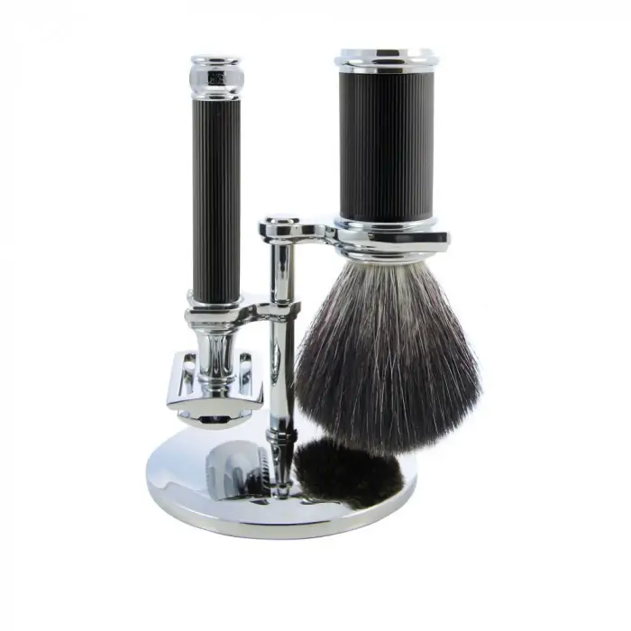 Edwin Jagger Black Rubber Coated 3-Piece Double Edge Safety Razor Set - Premium Synthetic Shaving Kit for Men - Perfect for Travel & Daily Grooming Routine