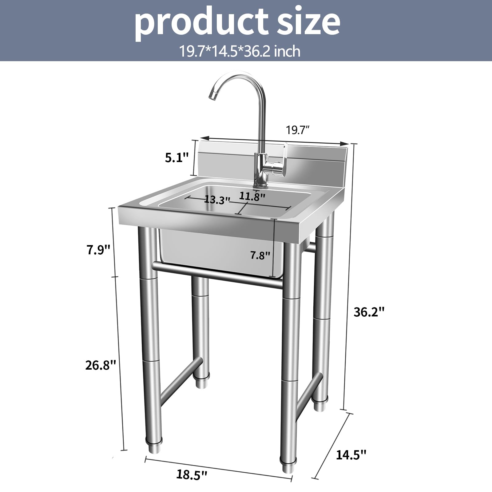 Stainless Steel Utility Sink with Legs and Faucet - 20 Inch Single Bowl Kitchen Sink for Garage, Laundry Room, Outdoor, Commercial Restaurant | Heavy-Duty Free Standing Shop Sink for Backyard, Garden, Patio & Industrial Use