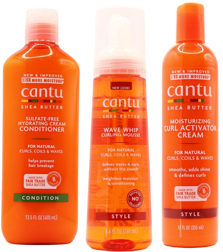 Cantu Shea Butter Moisturizing Curl Activator Cream, Wave Whip Curling Mousse & Hydrating Cream Conditioner Set (3-Piece Combo) for Natural Hair Care & Defined Curls – Perfect for Daily Styling & Frizz Control