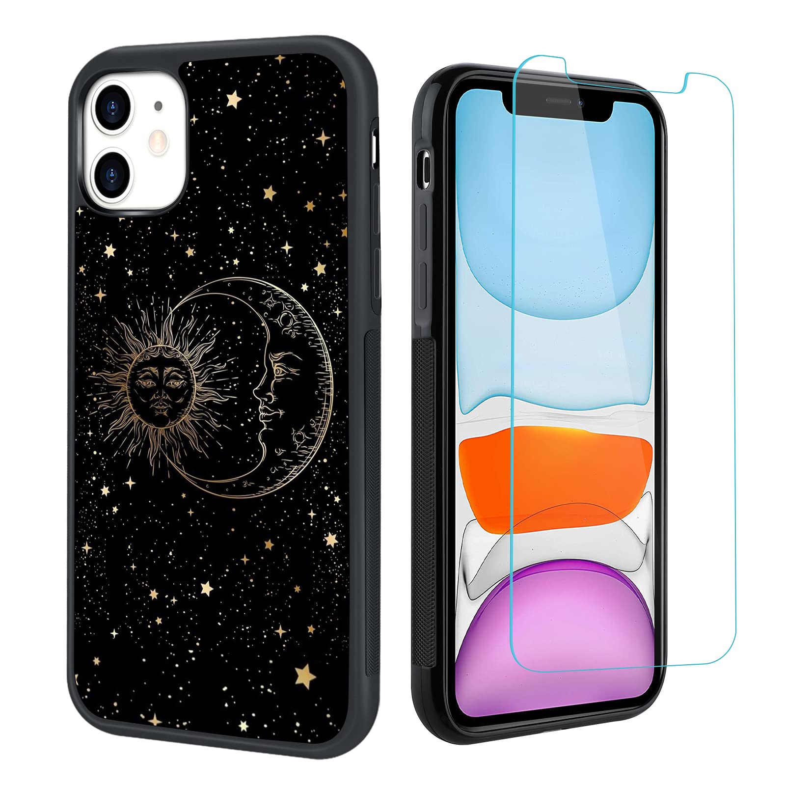Tharlet iPhone 11 Case with Glitter Moon & Stars Design - Shockproof Protective Cover + Screen Protector for iPhone 11 (6.1 inch) - Perfect Cute Phone Case for Women & Girls | Trendy Accessory for Daily Use & Gift Giving